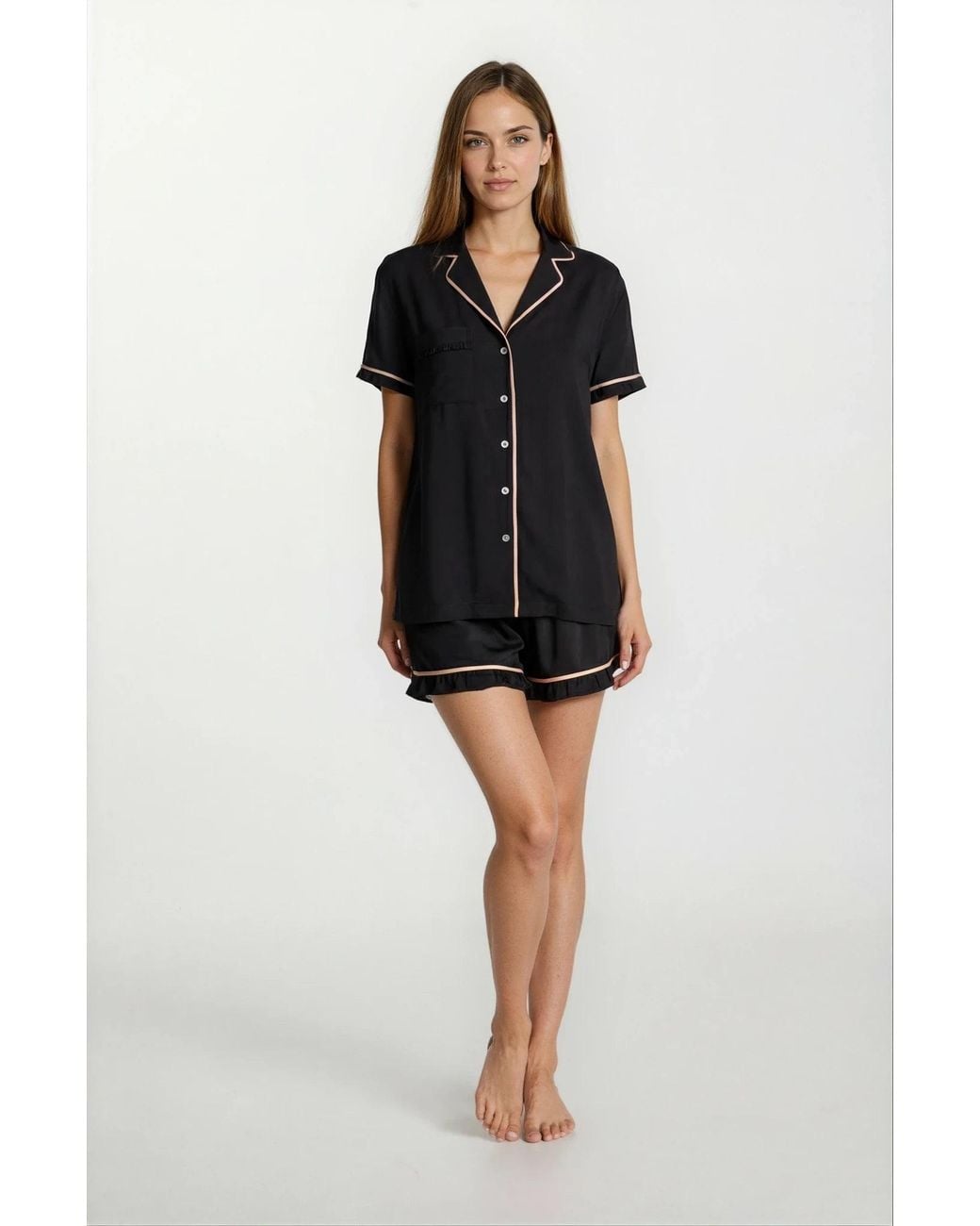 Carolina Benoit Black Luxury Short Pajama With Ruffles With