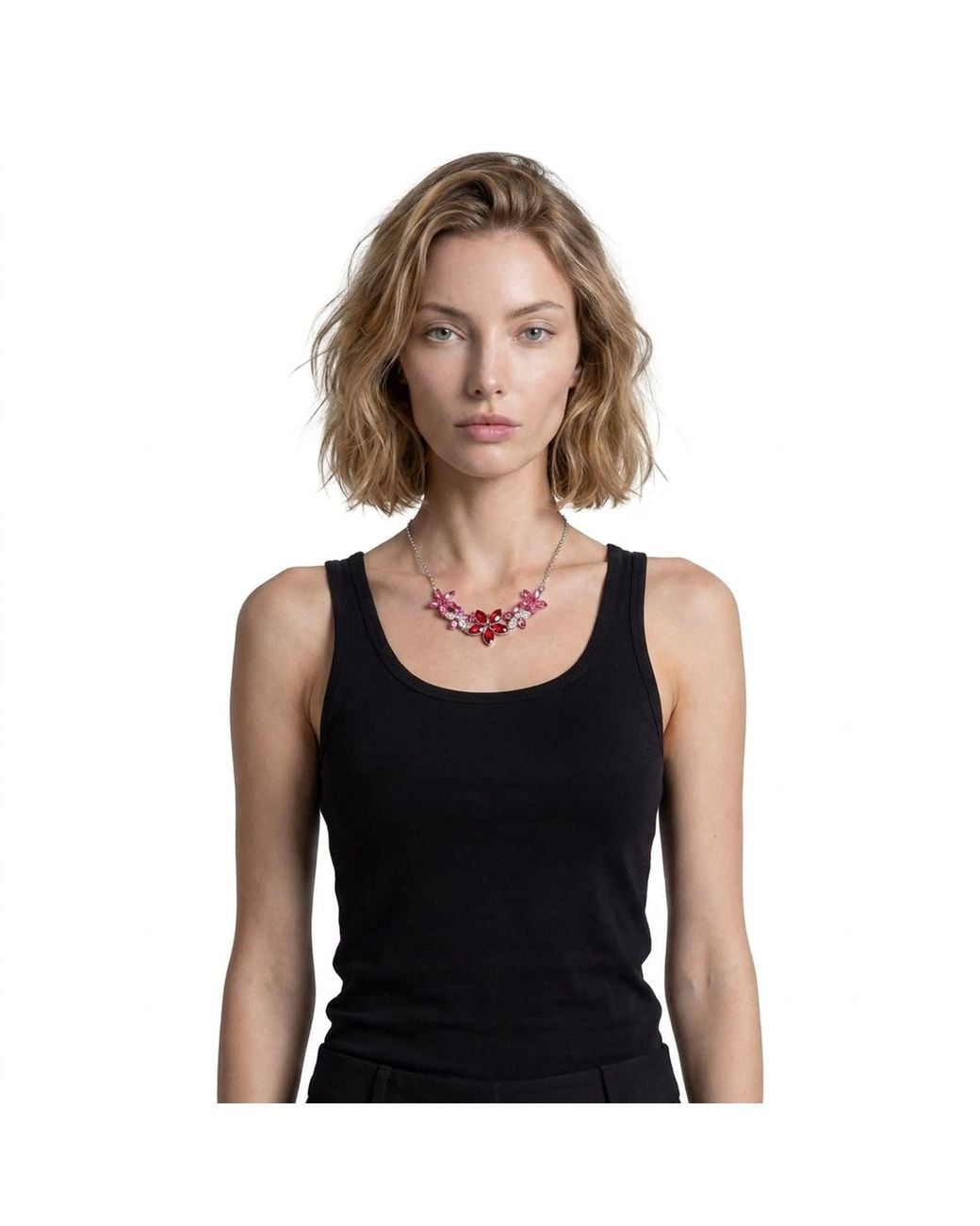 Modenaire Red Fuchsia Floral Crystal Statement Necklace