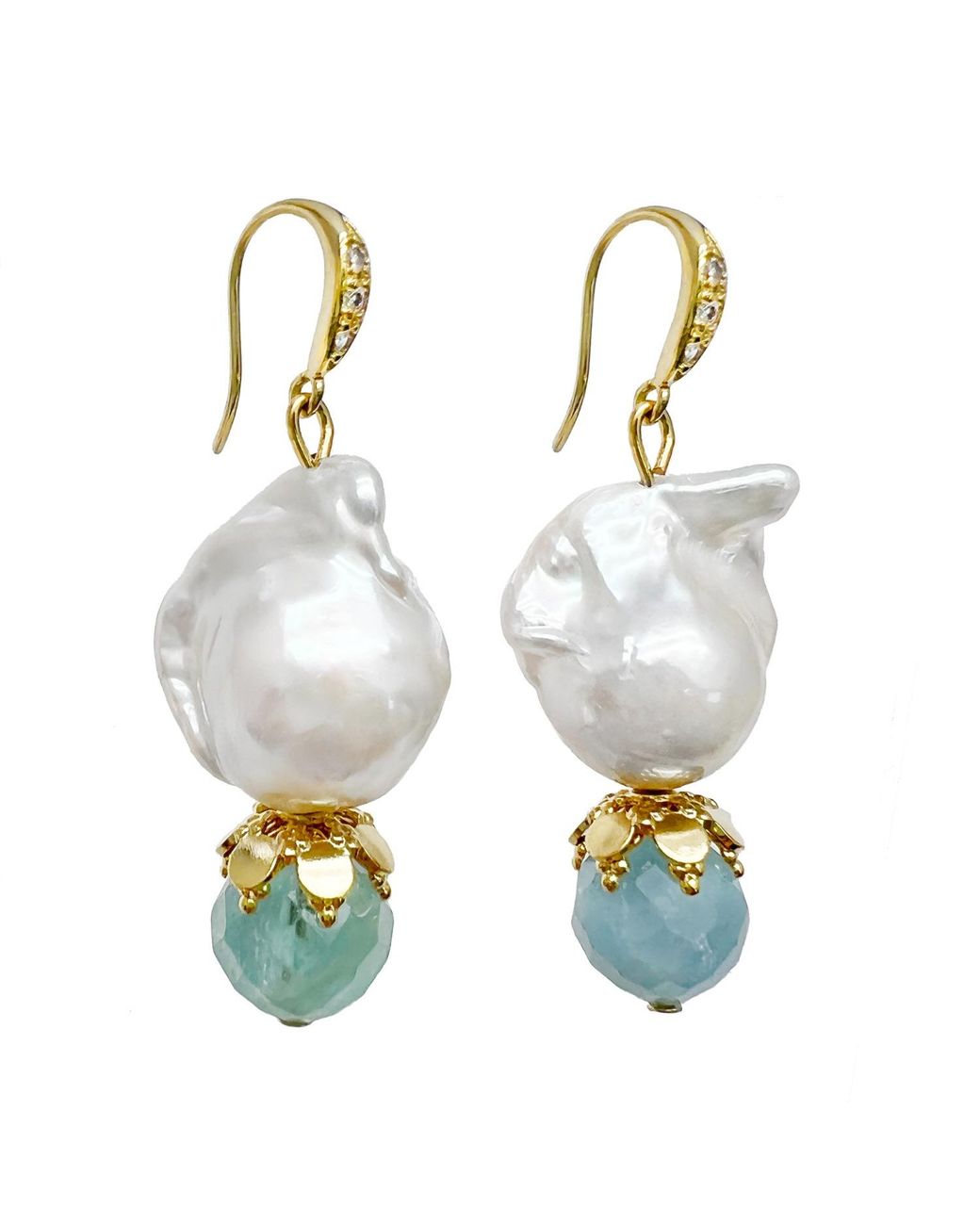 Farra White Baroque Pearl With Aquamarine Dangle Earrings