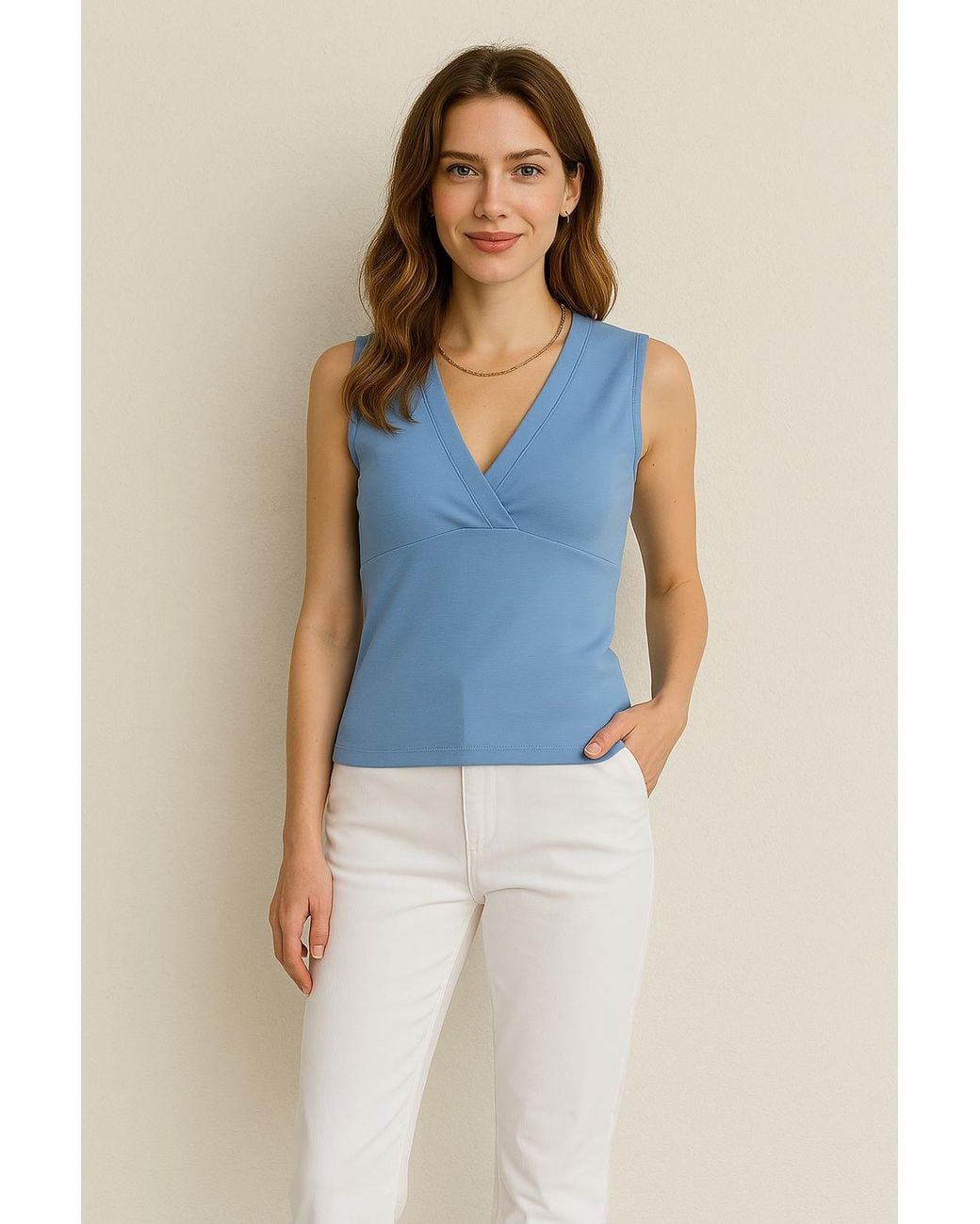 Conquista Blue Bell Sleeveless V-Neck Fitted Top – Soft Viscose-Blend Fabric