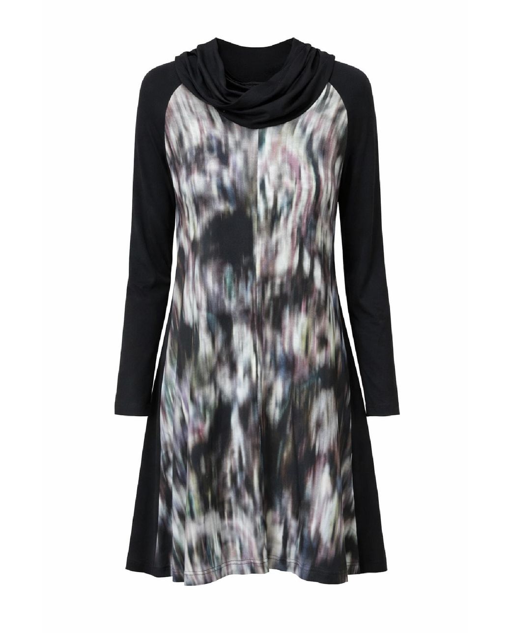 Conquista Black Abstract Print Hooded Dress With Long Sleeves