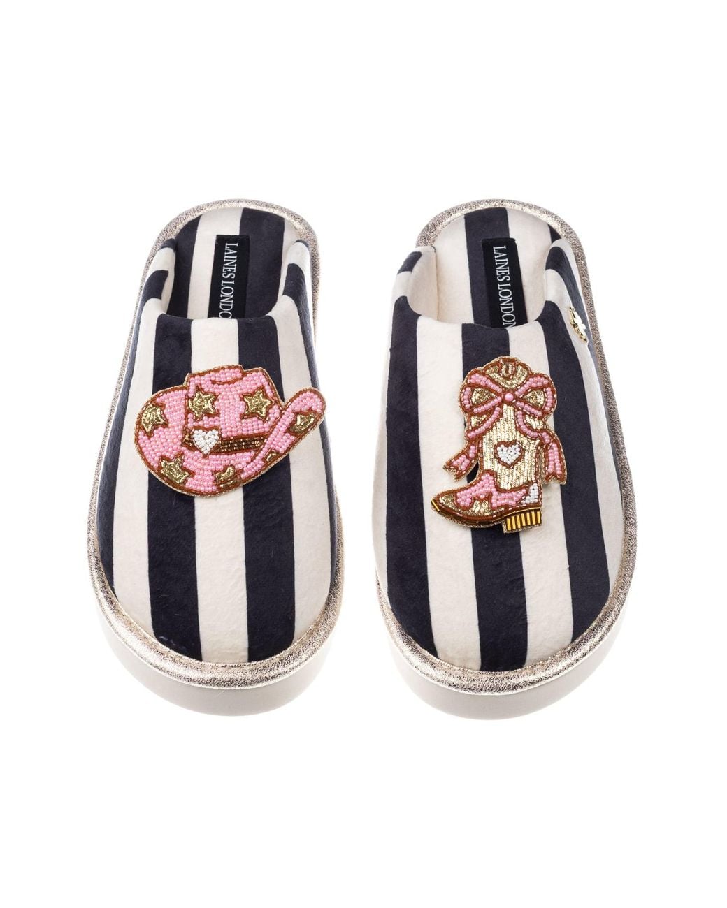 Laines London Multicolor Flatform Stripe Closed Toe Slippers With Cowgirl Hat & Cowgirl Boots Brooches
