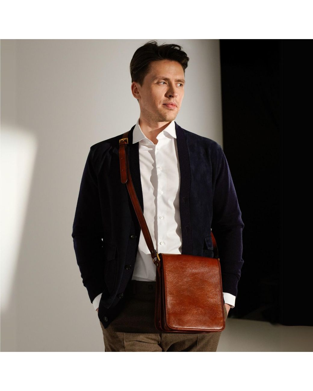 Time Resistance Brown Small Leather Messenger Bag for men