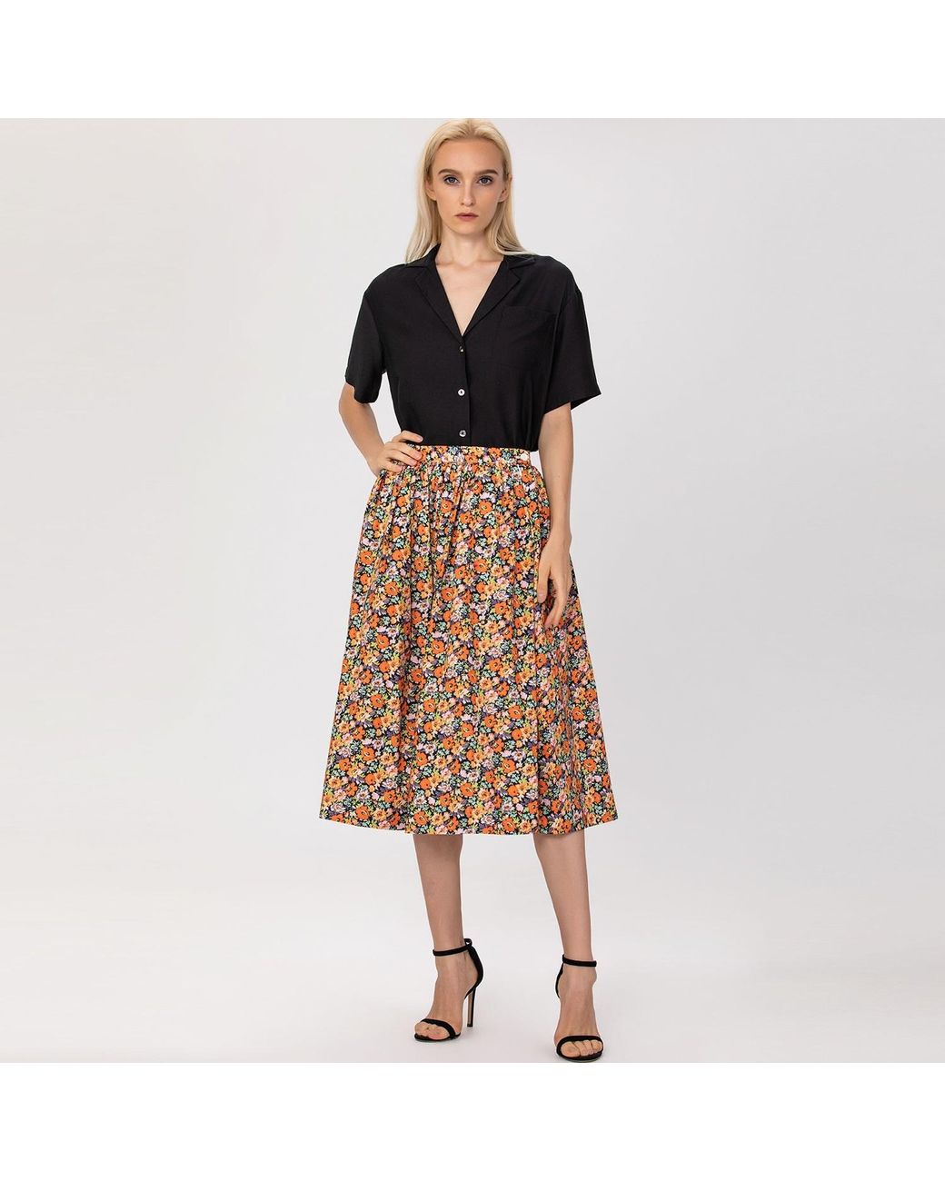 Smart and Joy Brown Retro Floral Print Flared Skirt