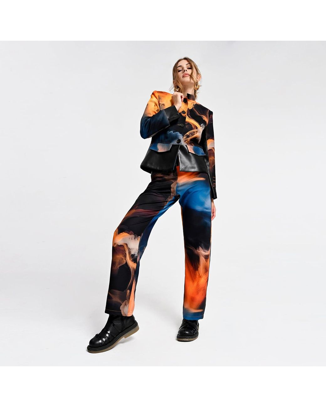 Lalipop Design Blue Cropped Jacket With Vegan Leather Trim And Digital Flame Print