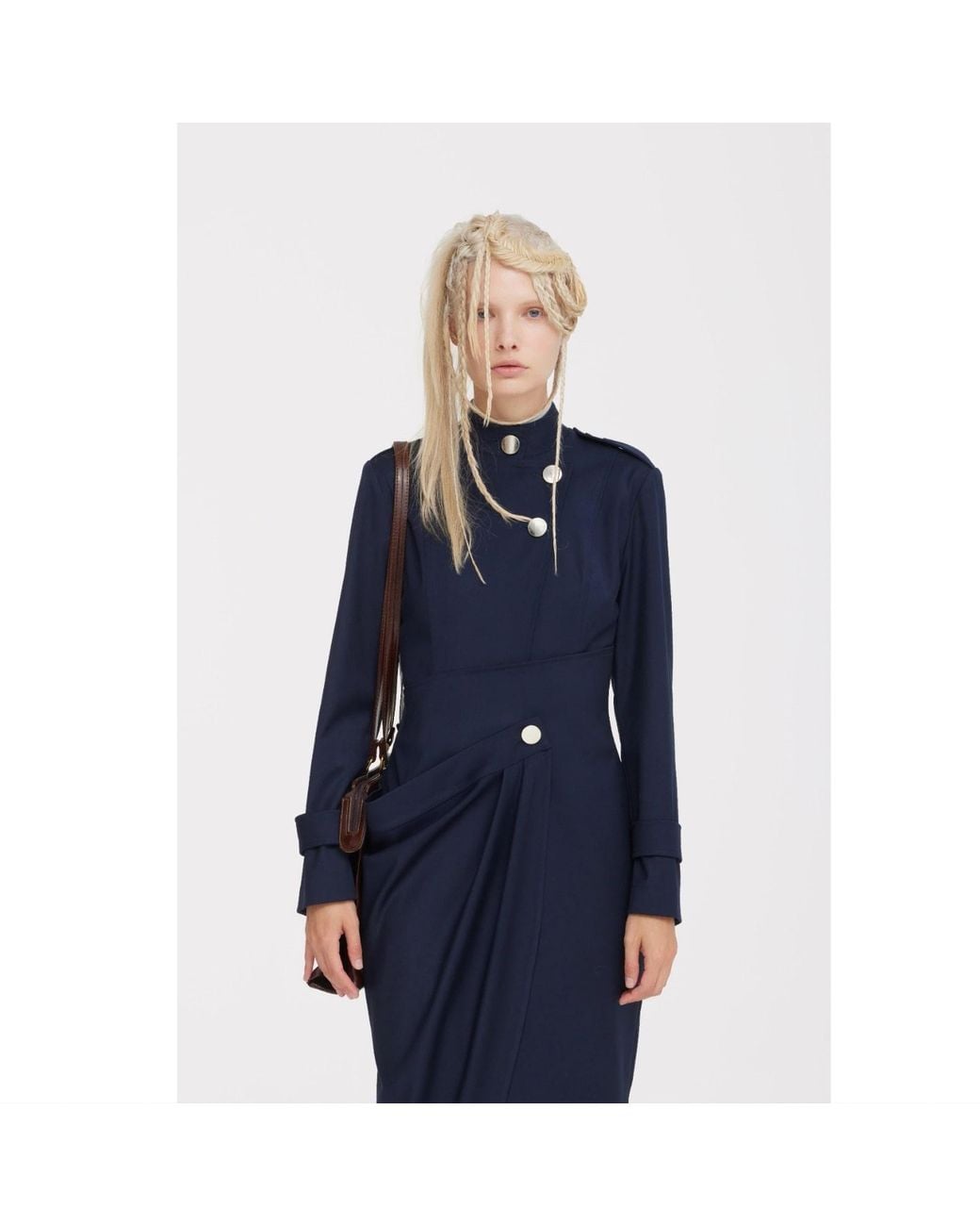 Julia Allert Blue Asymmetric Draped Sheath Midi Dress –