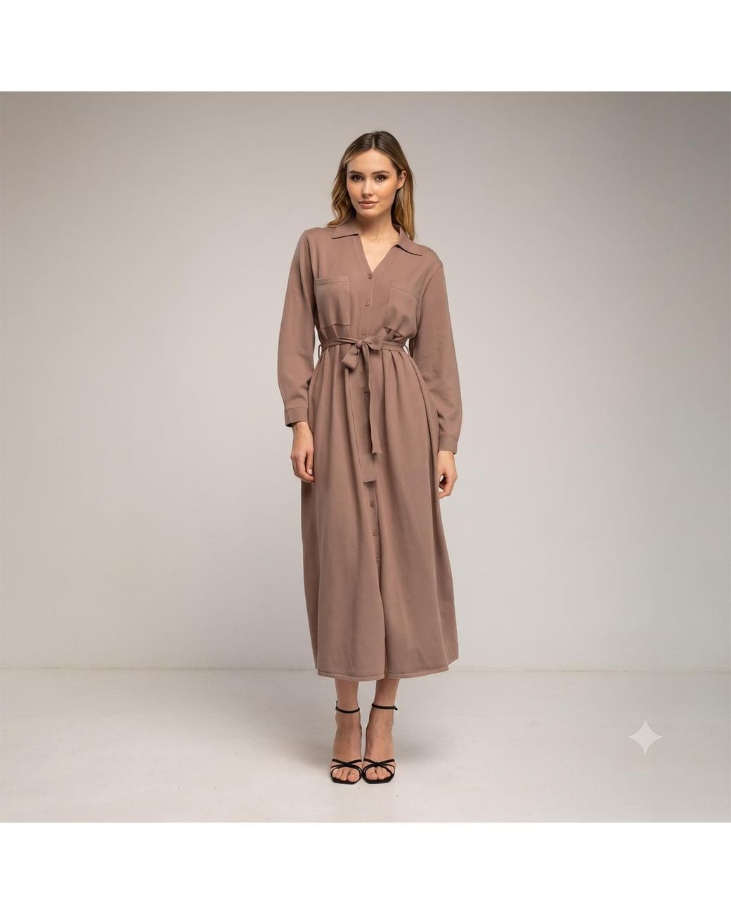 Tantra Spain Sl Brown Long Knit Shirt Dress With Chest Pockets And Belt