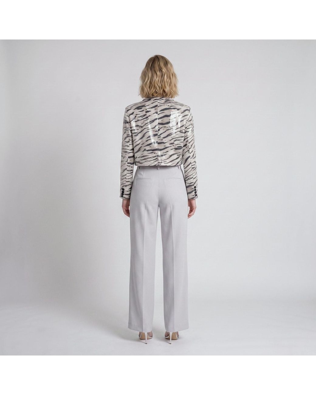 Modenaire Gray Leopard Print Sequin Cropped Jacket With Button Front