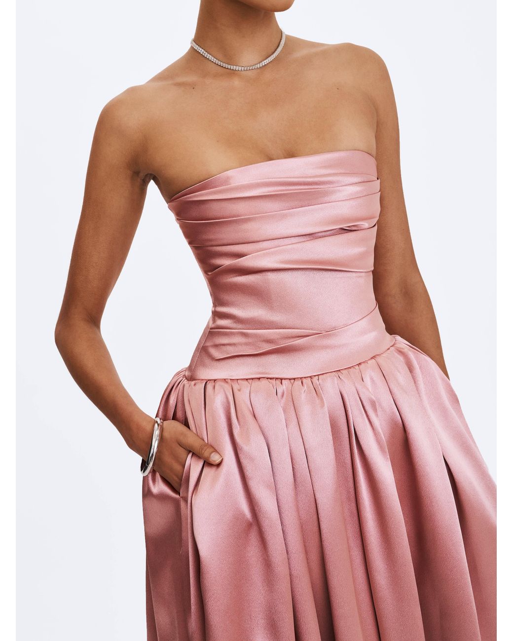 Miss Circle New York Pink Willette Deep Rose Satin Strapless Gathered Maxi Dress