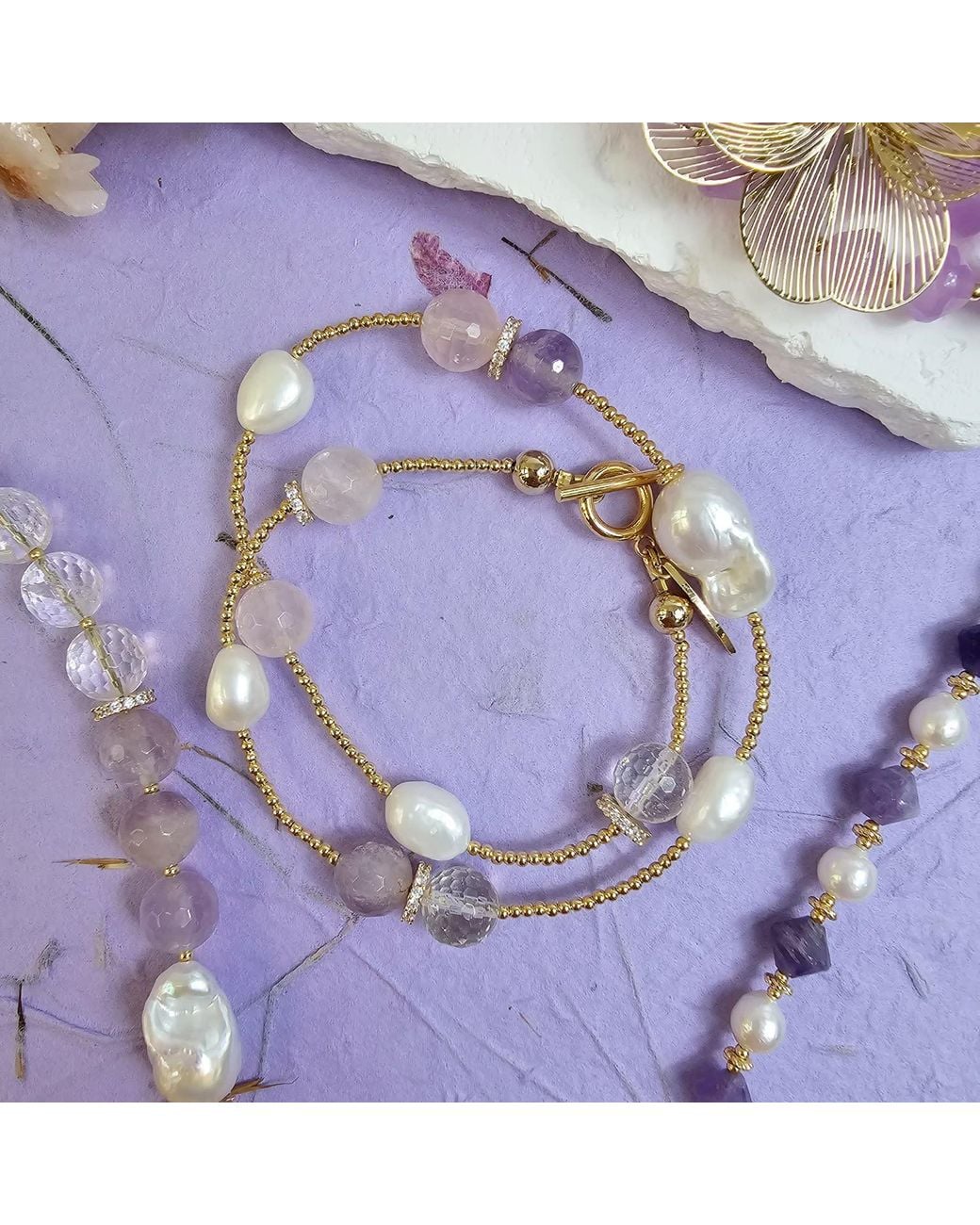 Farra Metallic Baroque Pearls With Rose Quartz And Amethyst Double Layers Bracelet