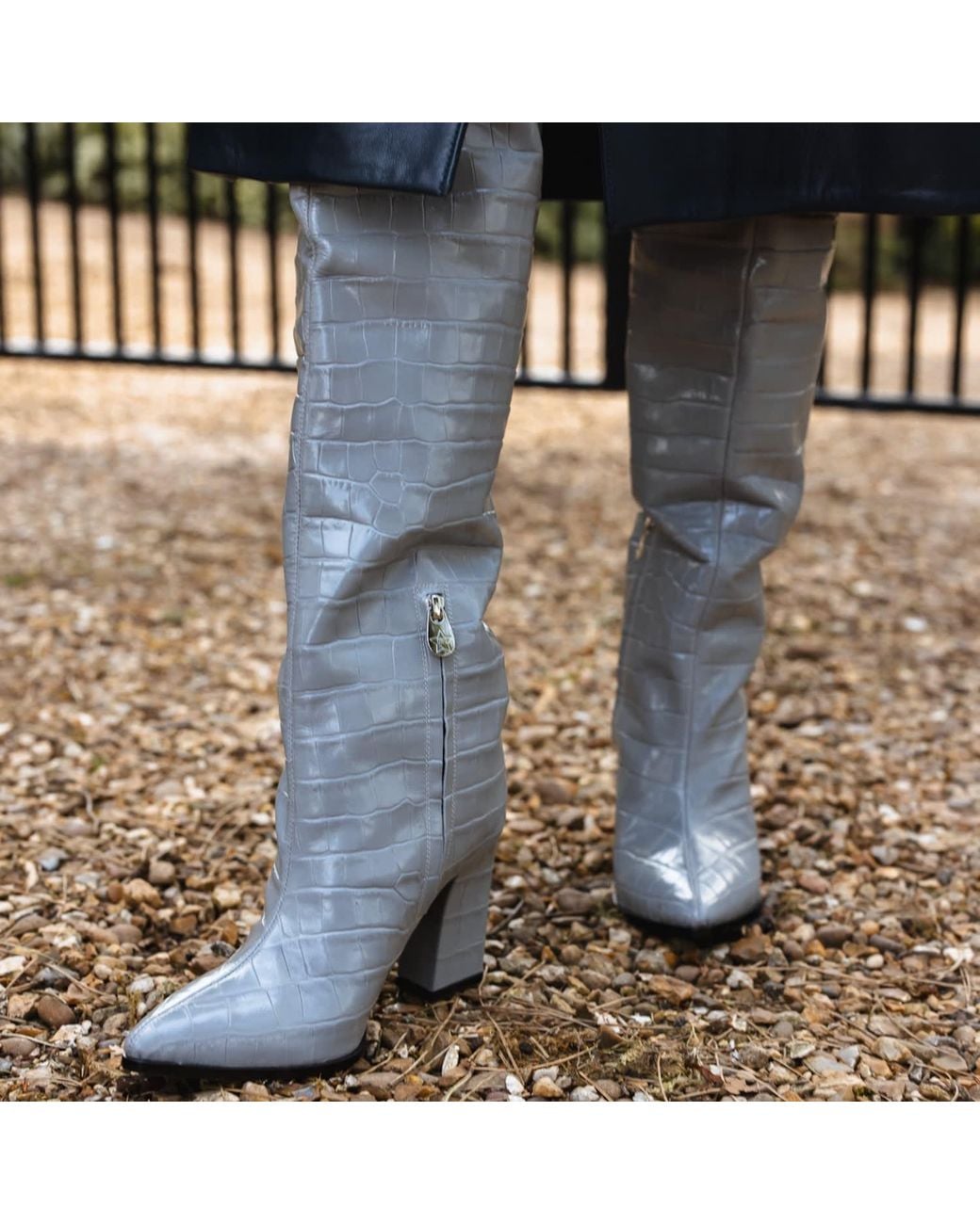 Rosamund Muir London Gray Roma Crocodile Print Over Knee Boots