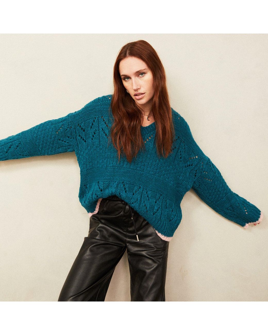 Cara & The Sky Blue Zoe Pointelle V Neck Wide Sleeve Jumper