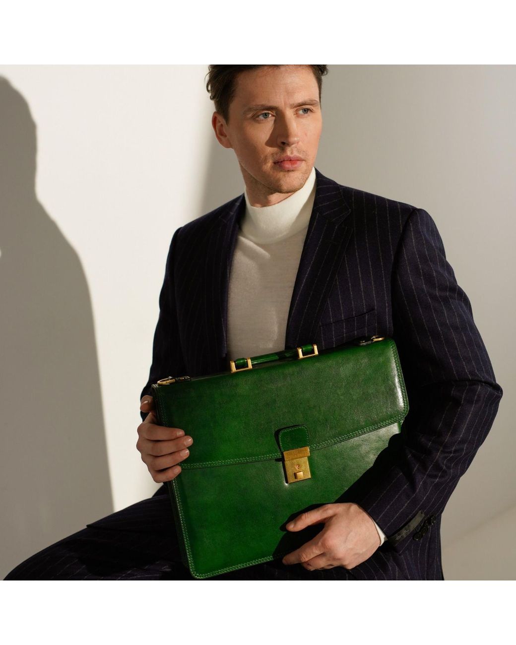 Time Resistance Green Leather Briefcase for men