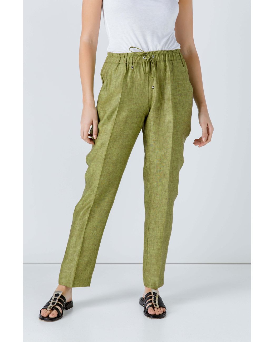 Conquista Green Linen Drawstring Pants