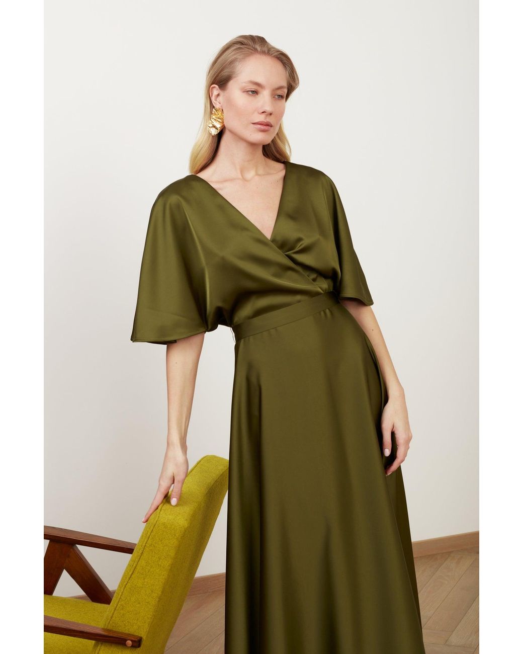 open lace back dress Hermie Silky Satin Maxi Dress Olive | Wedding Guest Dress | Maxi main image 1