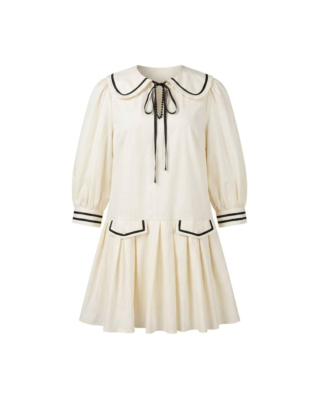 Modenaire Natural Neutrals Long Sleeve Mini Dress With Peter Pan Collar Front Tie Detail Contrast Trim Pockets And Soft Pleated Skirt