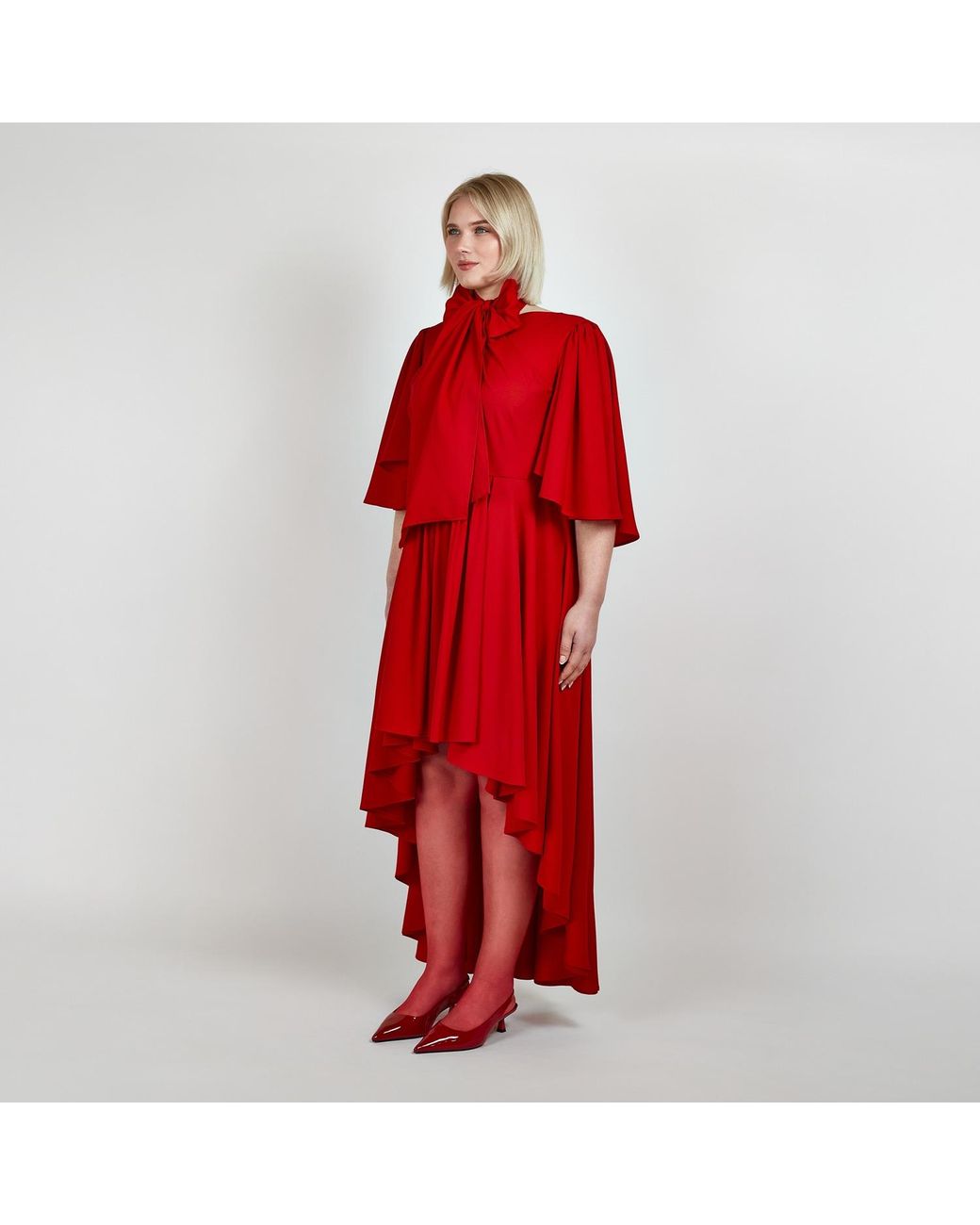 Femponiq Red Bow Tie Neck Cape Sleeve Maxi Dress