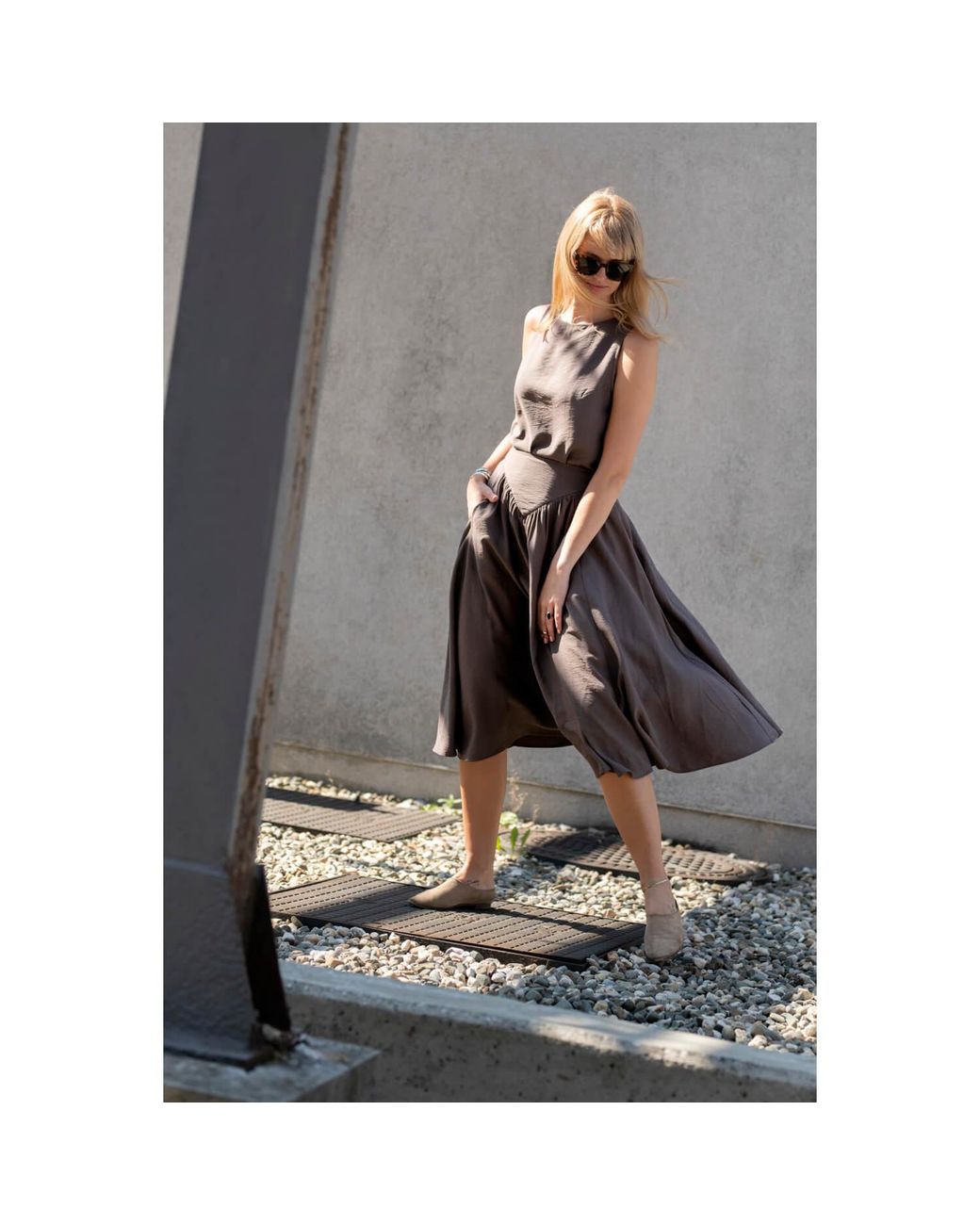 Oh!Zuza Gray Neutrals Echo Viscose Midi Skirt With Pockets – Cocoa