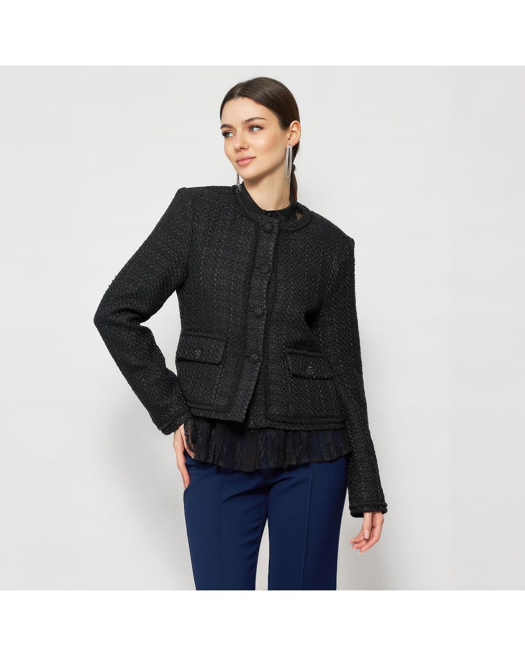 Solgo Atelier Black Pogonia Tweed Bouclé Cropped Jacket With Beaded Trim