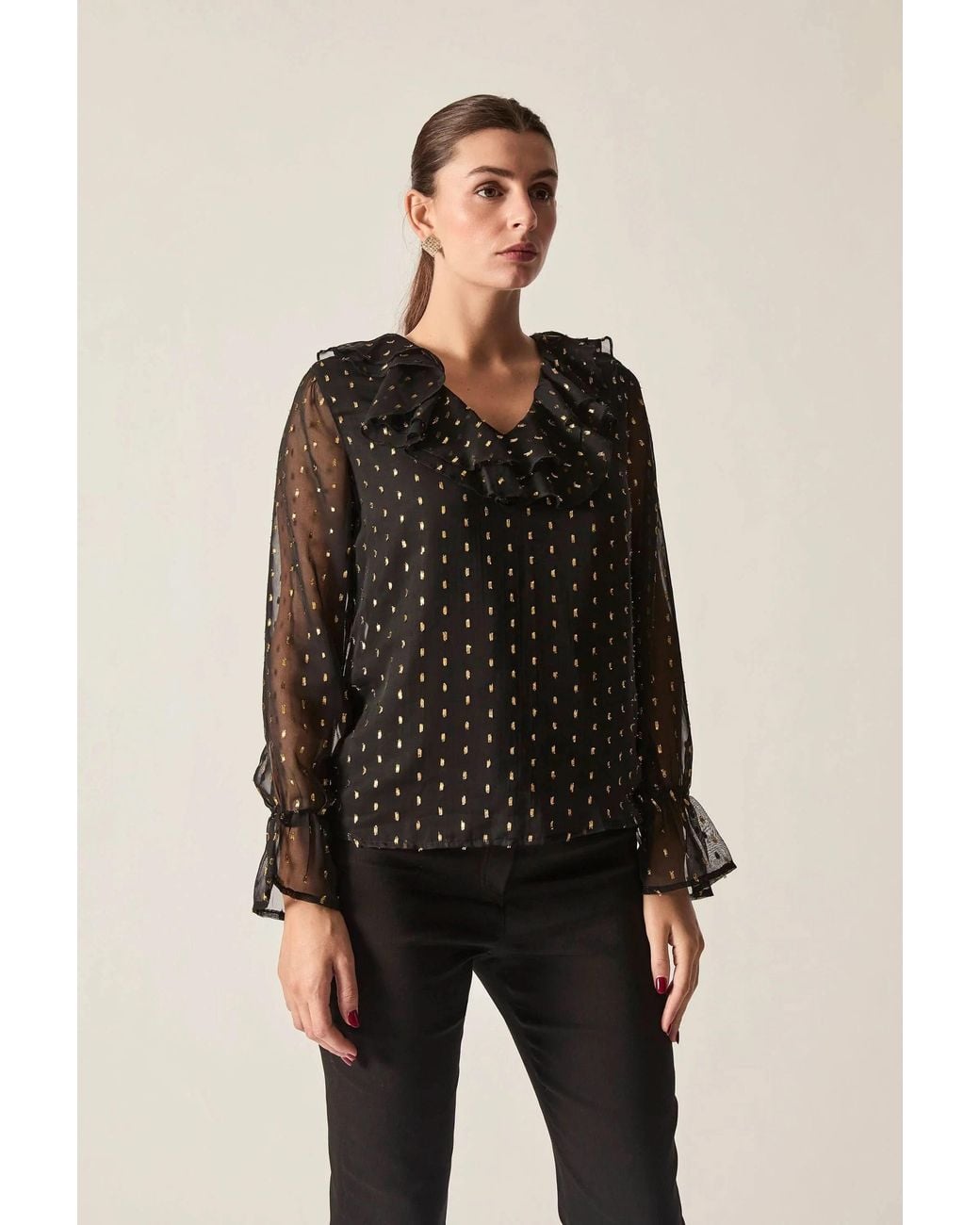James Lakeland Black Metallic Ruffle Blouse