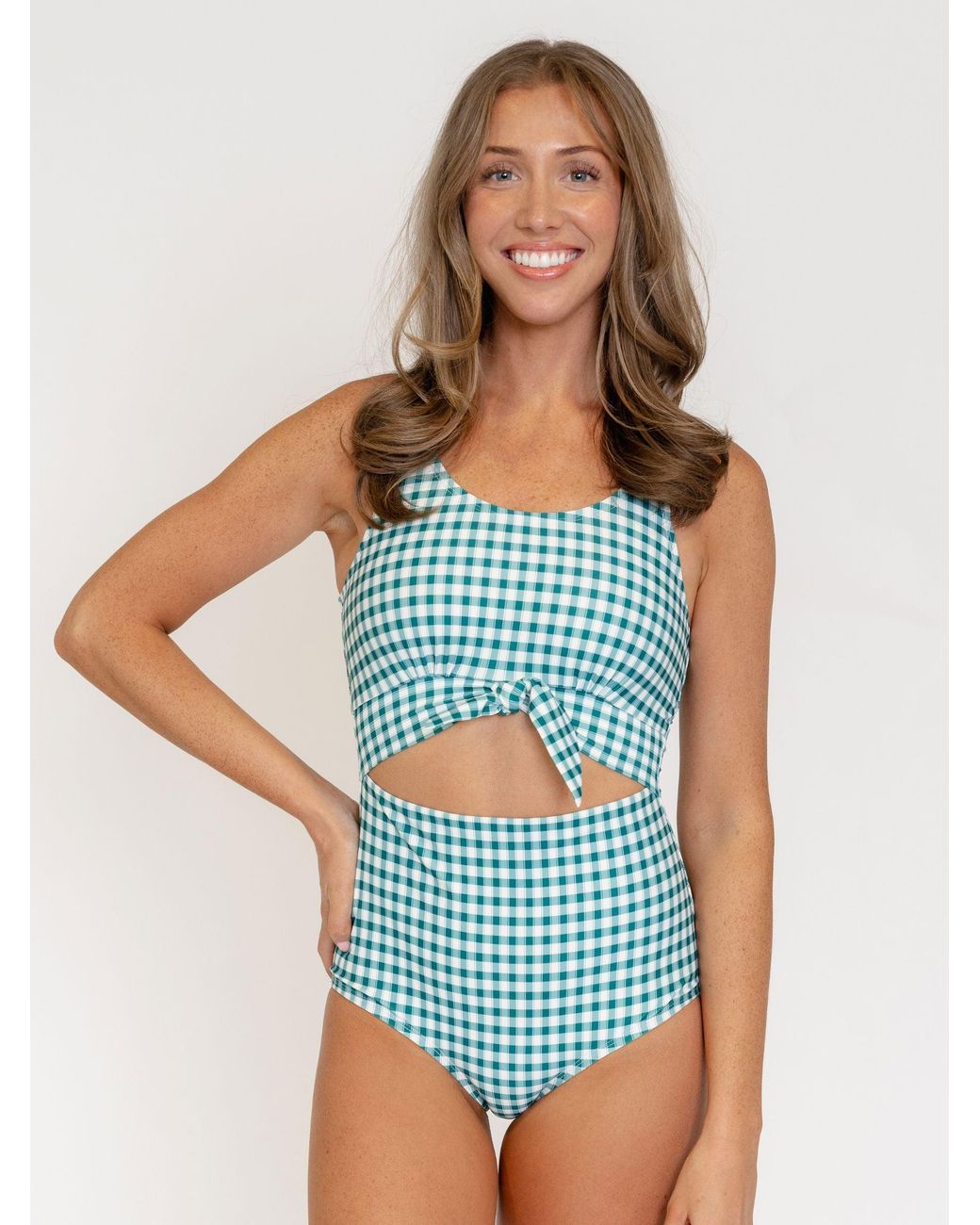 Lime Ricki Swimwear Blue Juniper Gingham Knotted One-Piece