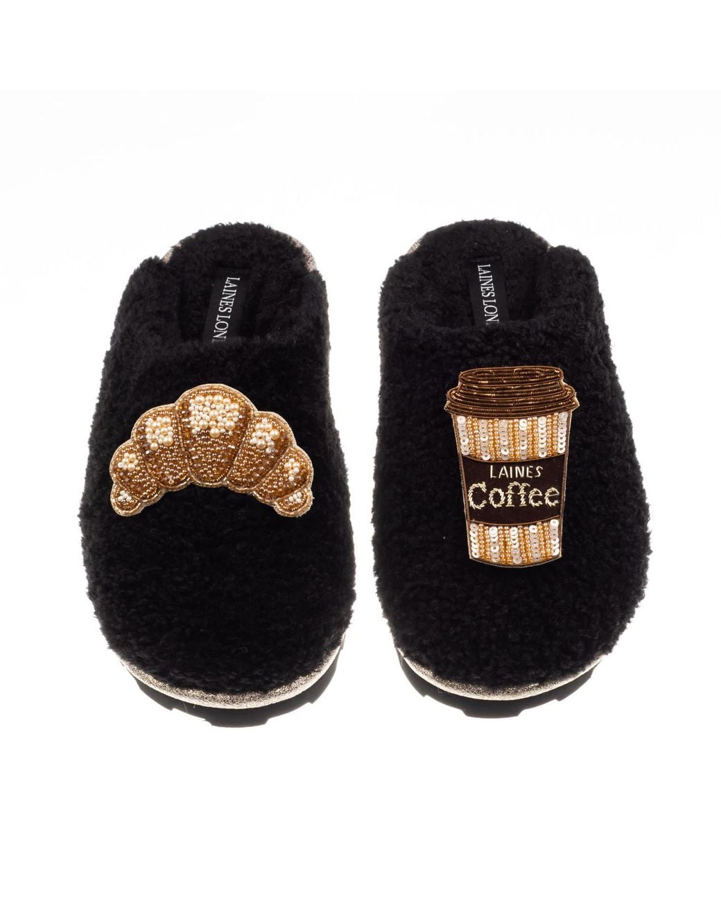 Laines London Black Teddy Closed Toe Slippers With Coffee & Croissant Brooches
