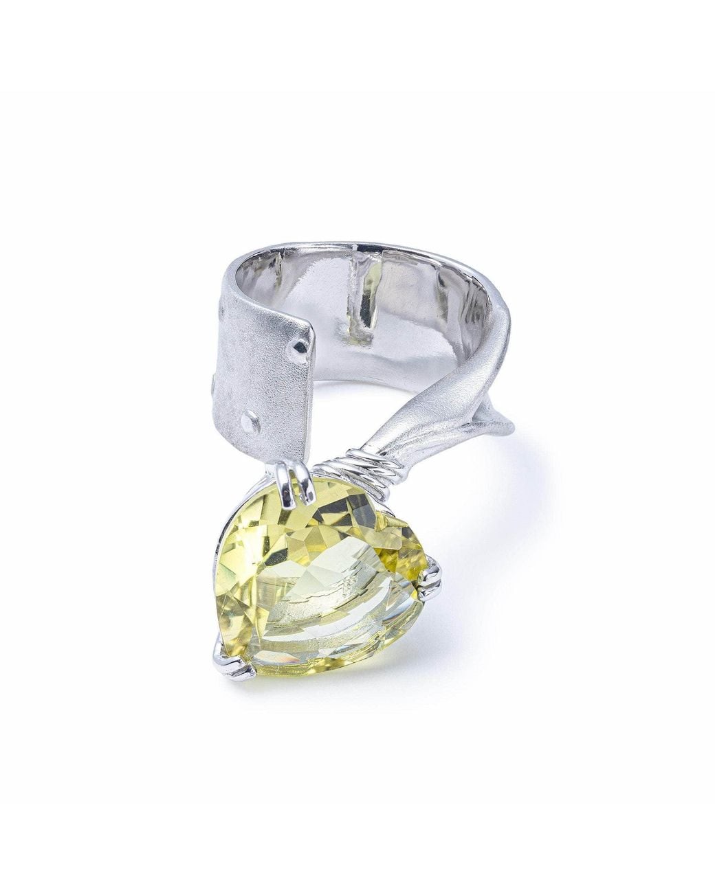 German Kabirski Metallic Aruna Open Ring With Heart Shaped Natural Lemon Quartz