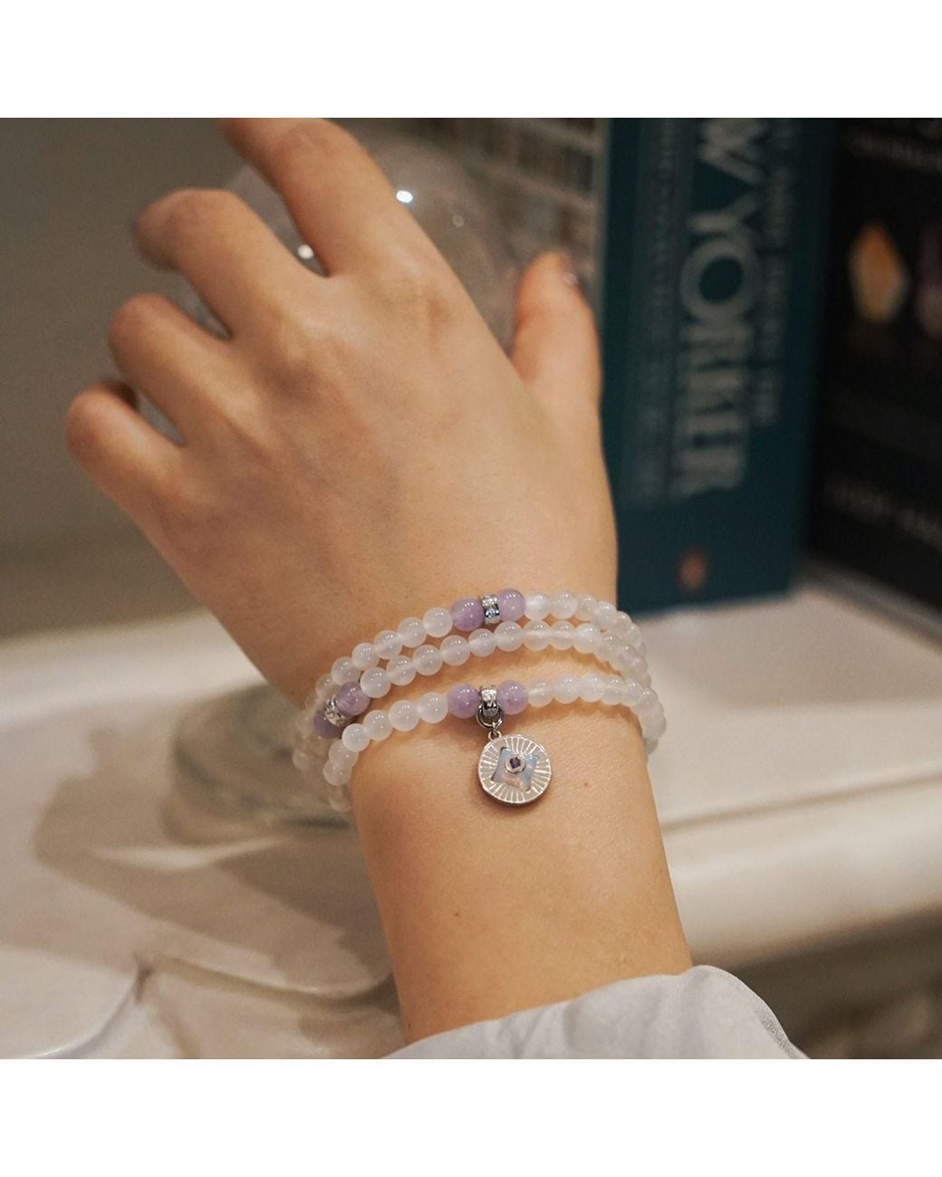 Aurozia White Five Elements Metal Vermeil Color Healing Moonstone Aura Pendant Three Layered Crystal Bracelet & Necklace
