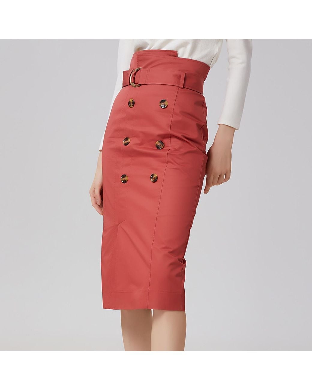 Smart and Joy Red Double-Breasted Straight Cotton Skirt With Belt