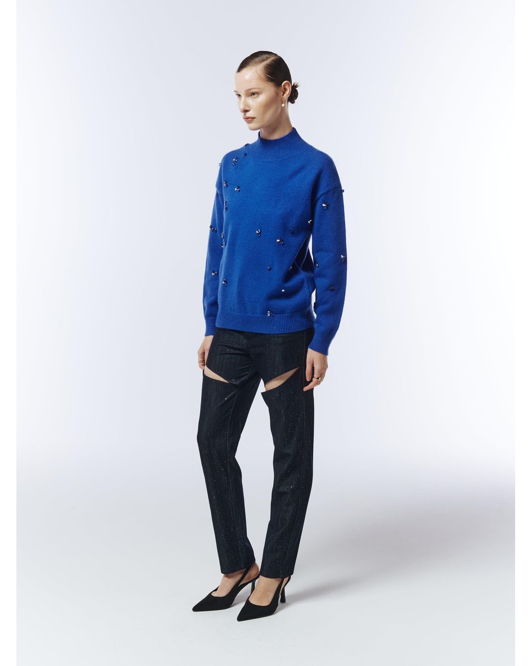 Sour Figs Blue Gemstone-Embellished High-Neck Jumper