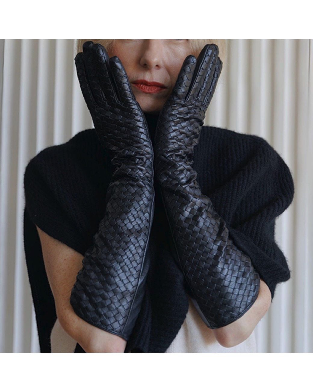 London Atelier Byproduct Black Woven Leather Long Gloves