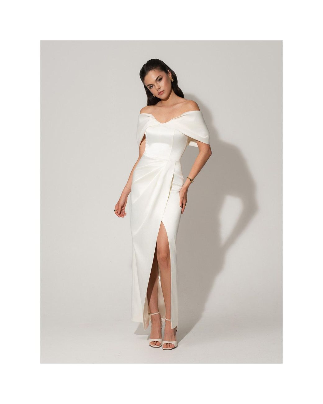 Tia Dorraine White Heavenly Kissed Draped Satin Maxi Dress