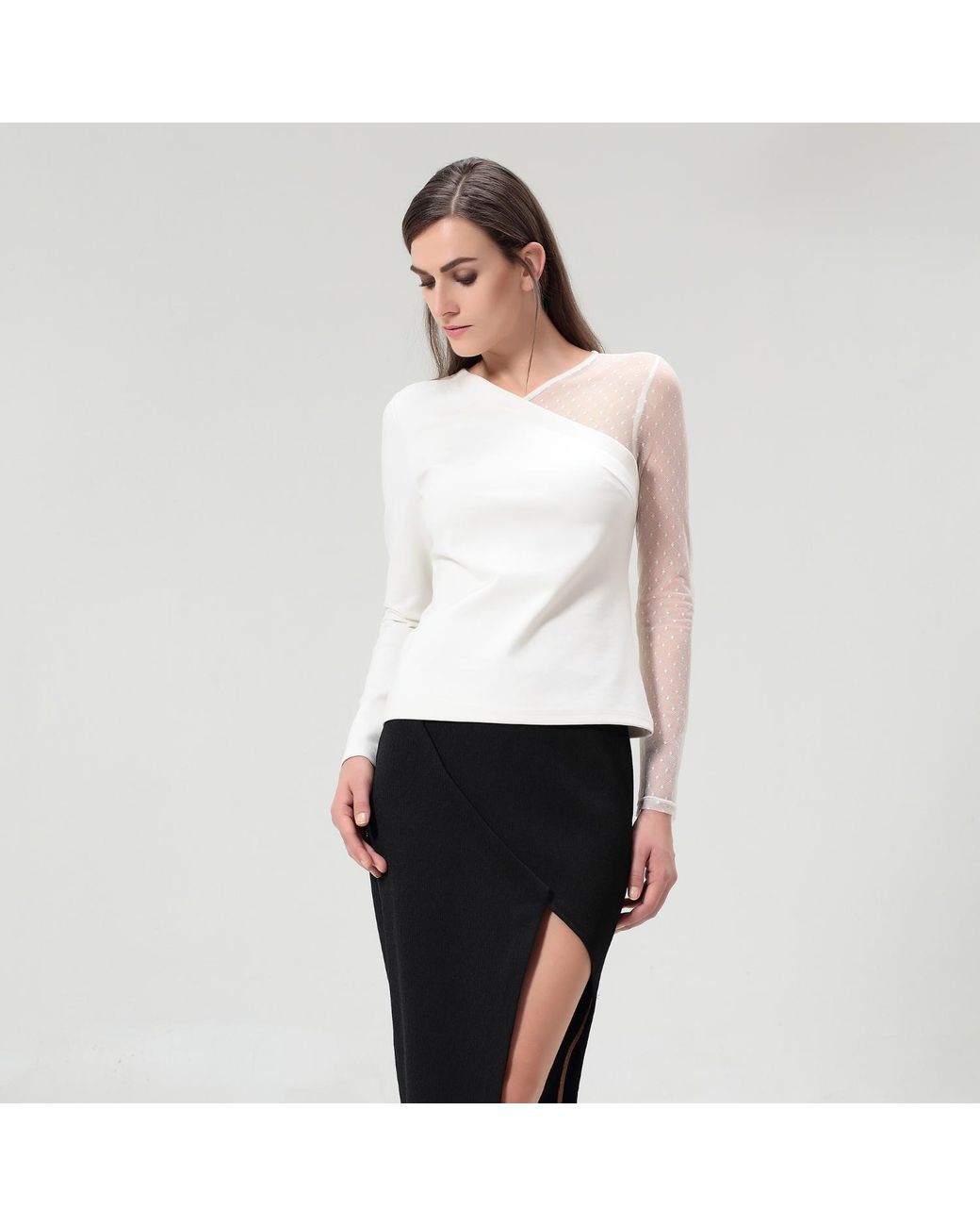 Smart and Joy White Asymmetric Milano And Tulle Top