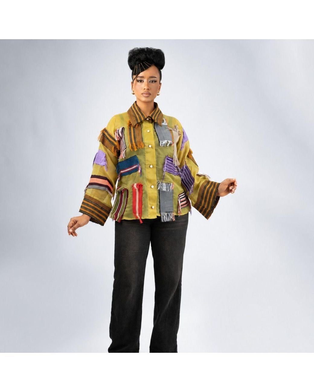 Beautiful Stitches Ltd Green Aso Oke Patchwork Organdy Shirt— Mustard