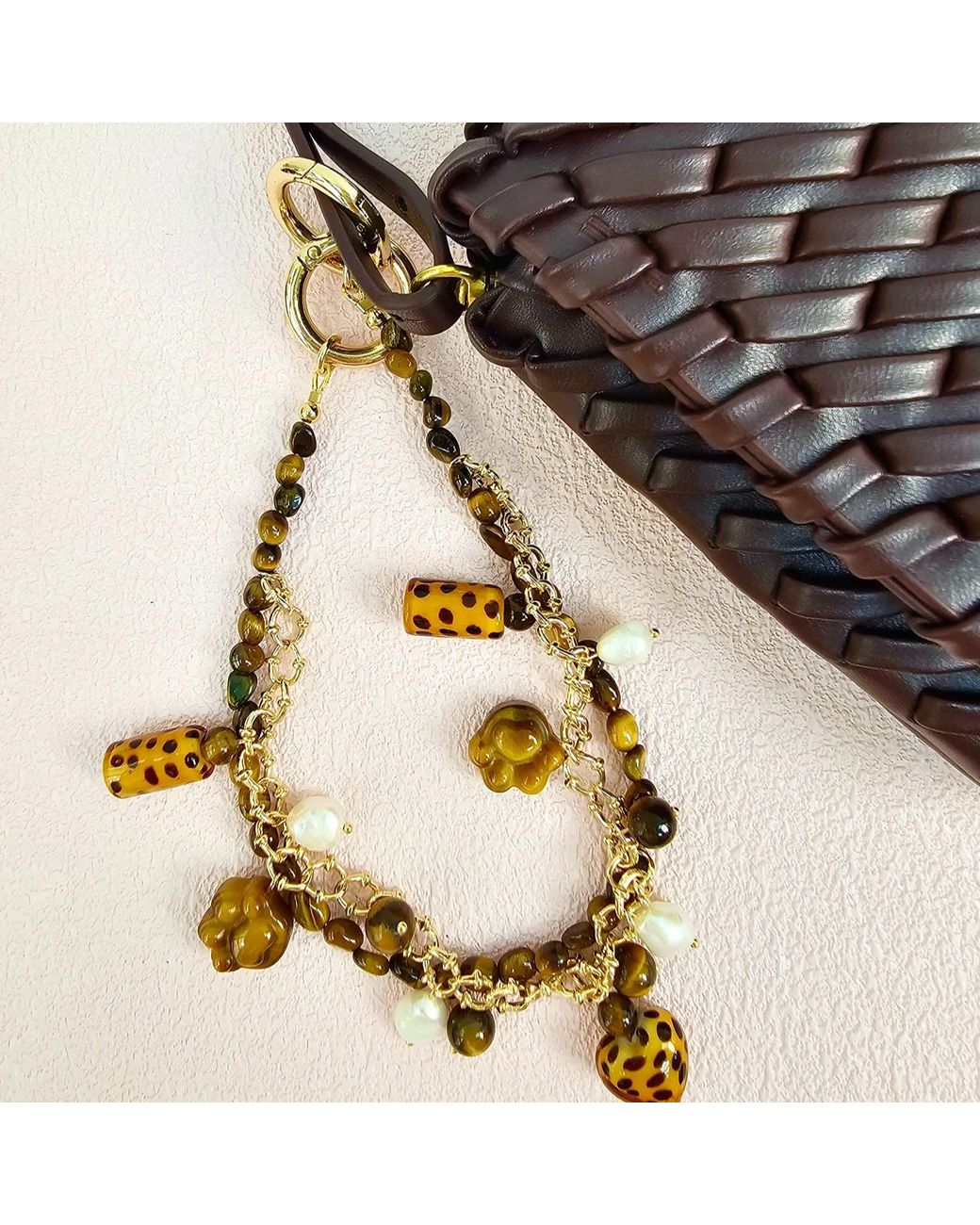 Farra Brown Leopard Print Tiger-Eye Stone And Pearls Layered Bag Charm