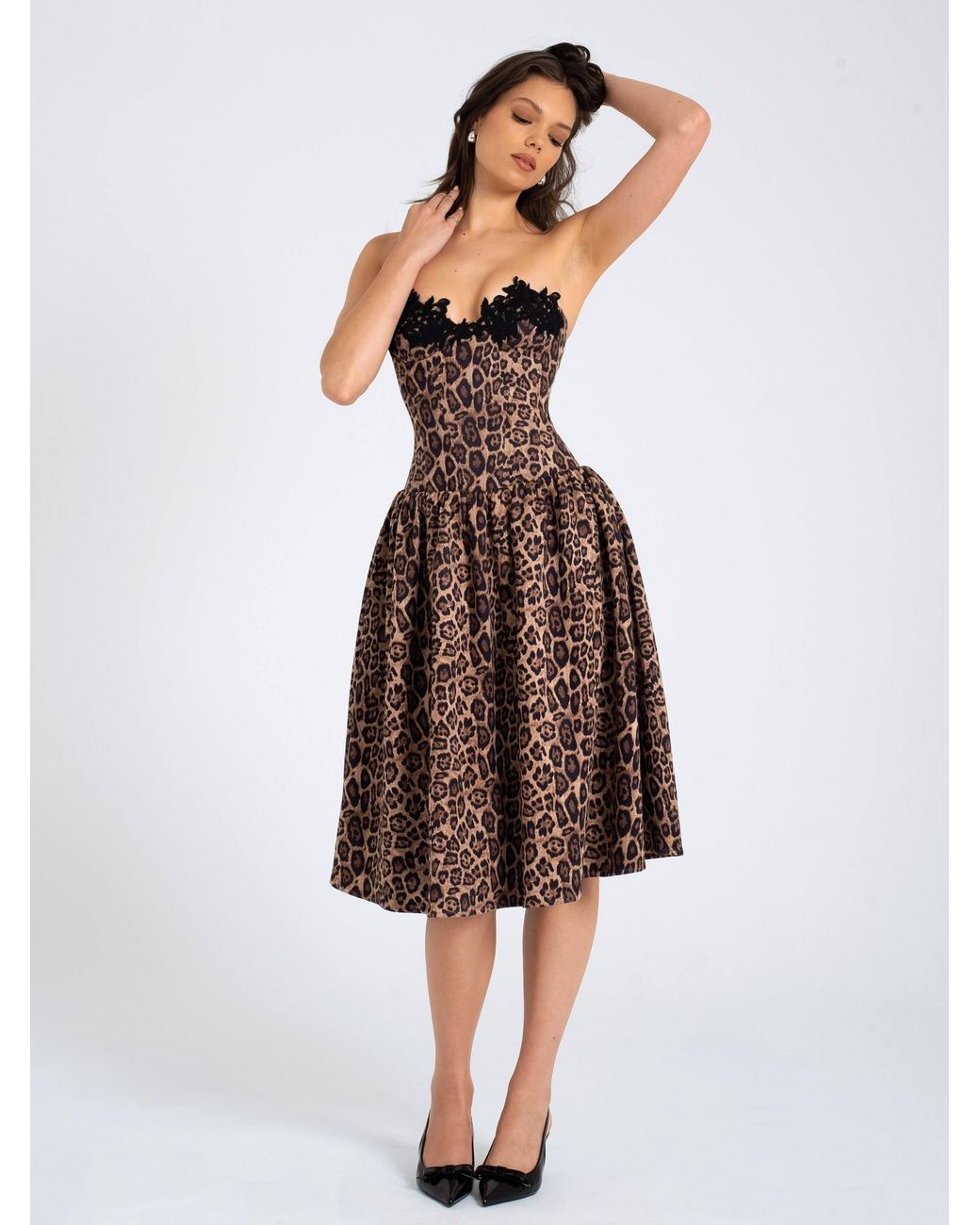 Miss Circle New York Brown Uchenna Cheetah Print Stretchy Strapless Midi Dress With Lace Trim