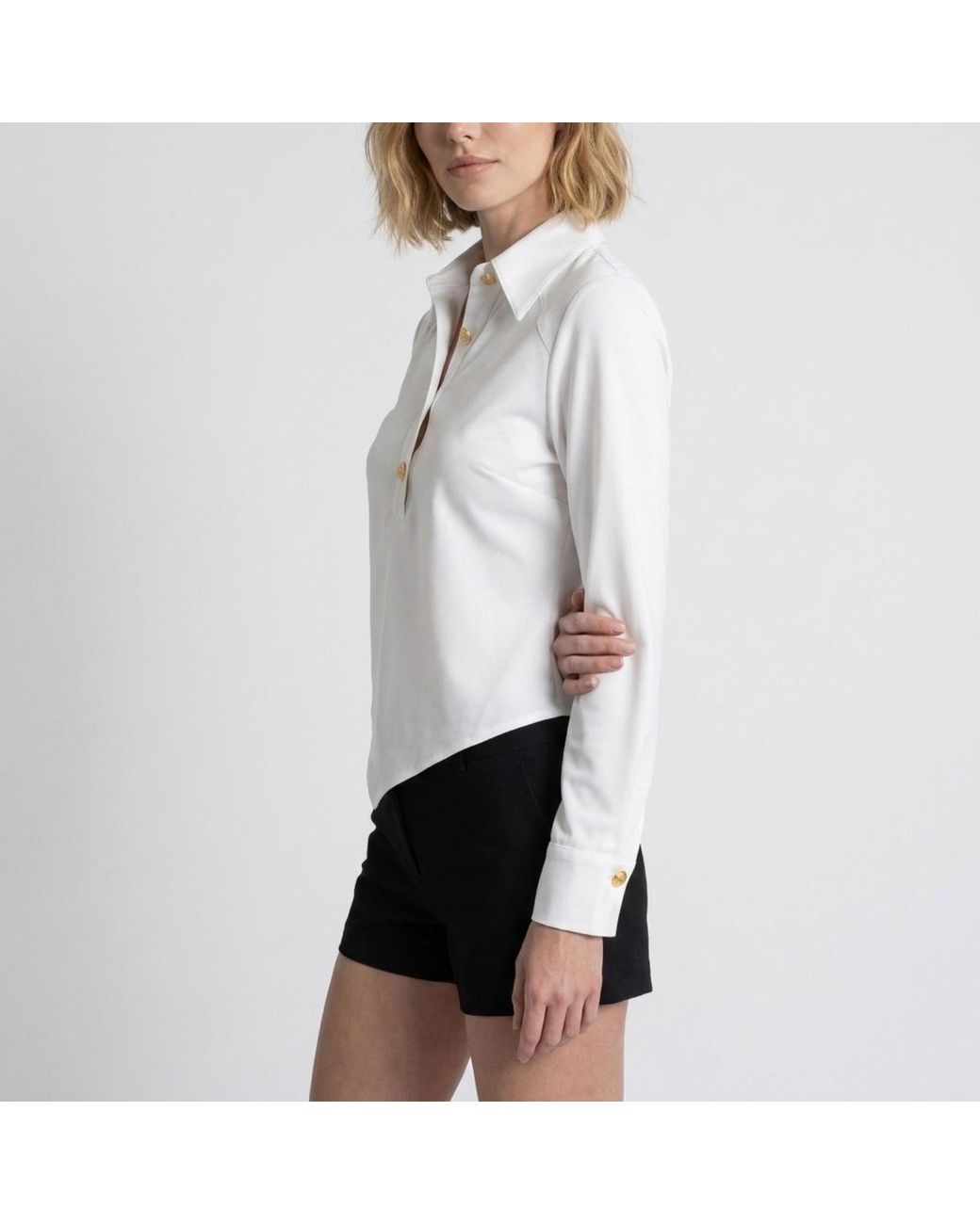 Modenaire White Collared Button Front Blouse With Asymmetrical Hem Detail
