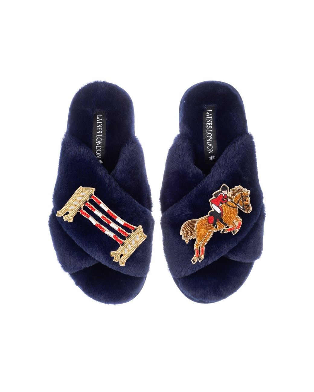 Laines London Blue Classic Laines Slippers With Show Jump Horse Brooches