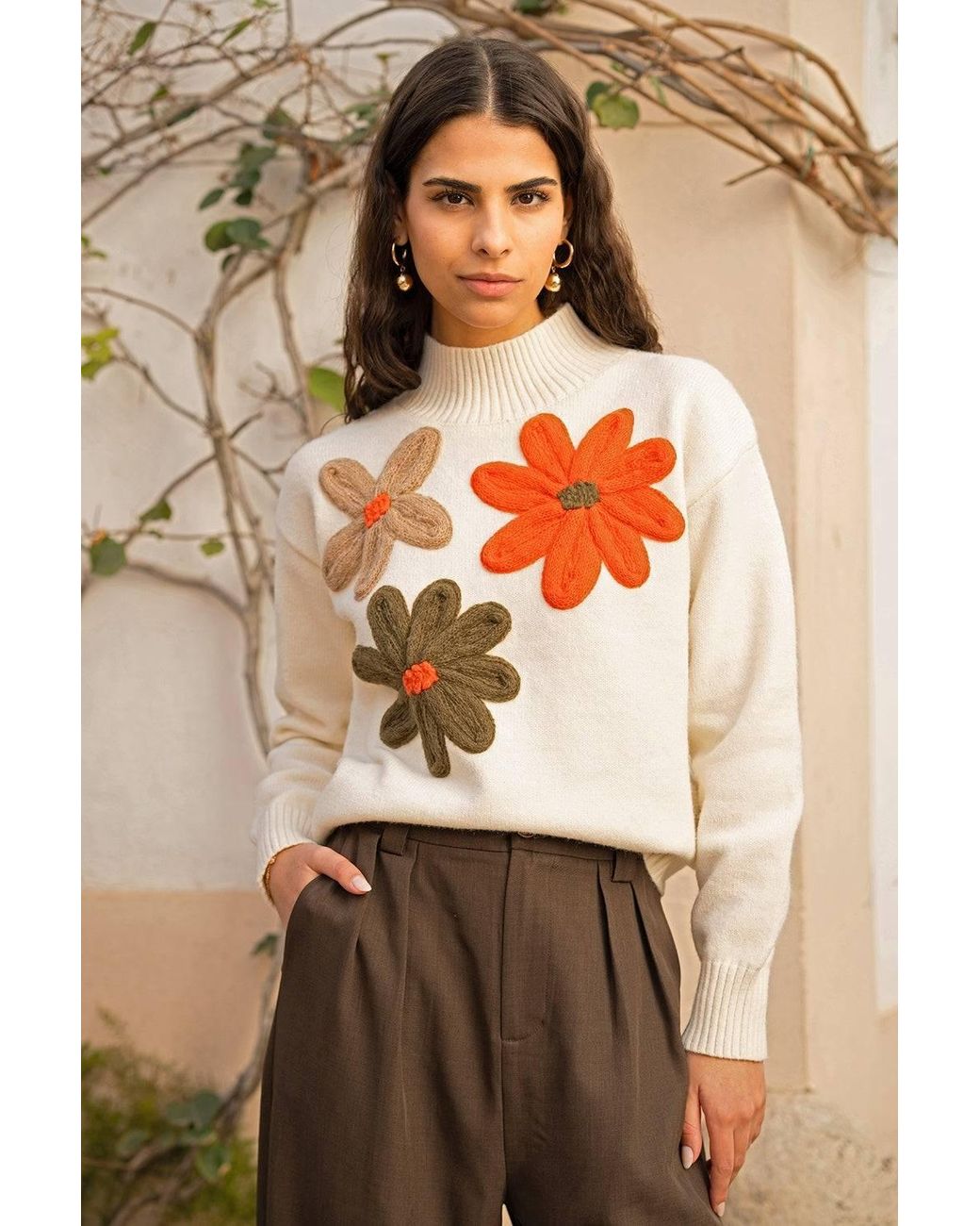 Yumi' White Ivory Knitted High Neck Jumper With Applique Flowers