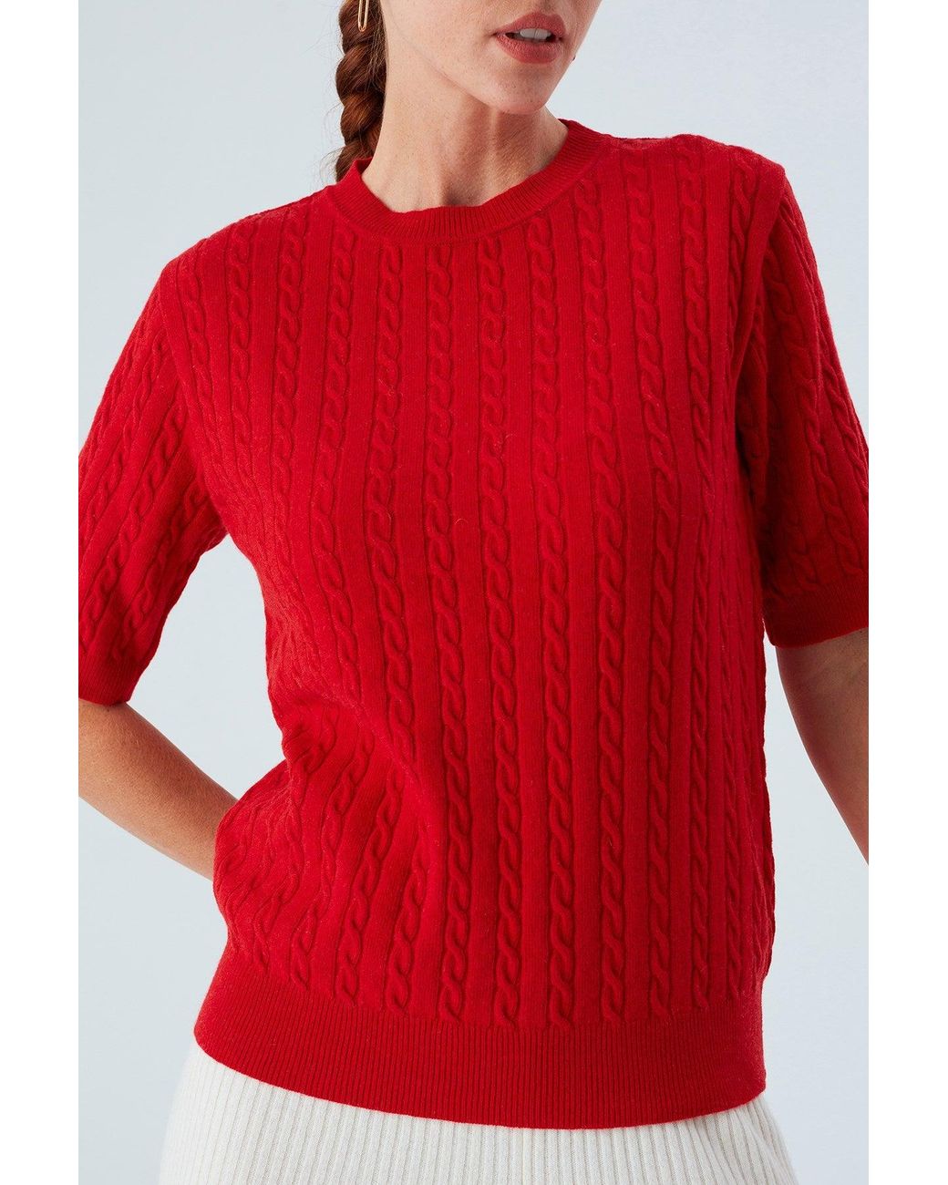 Peraluna Red Nicole Cable Knit Cashmere Blend Short Sleeve Blouse