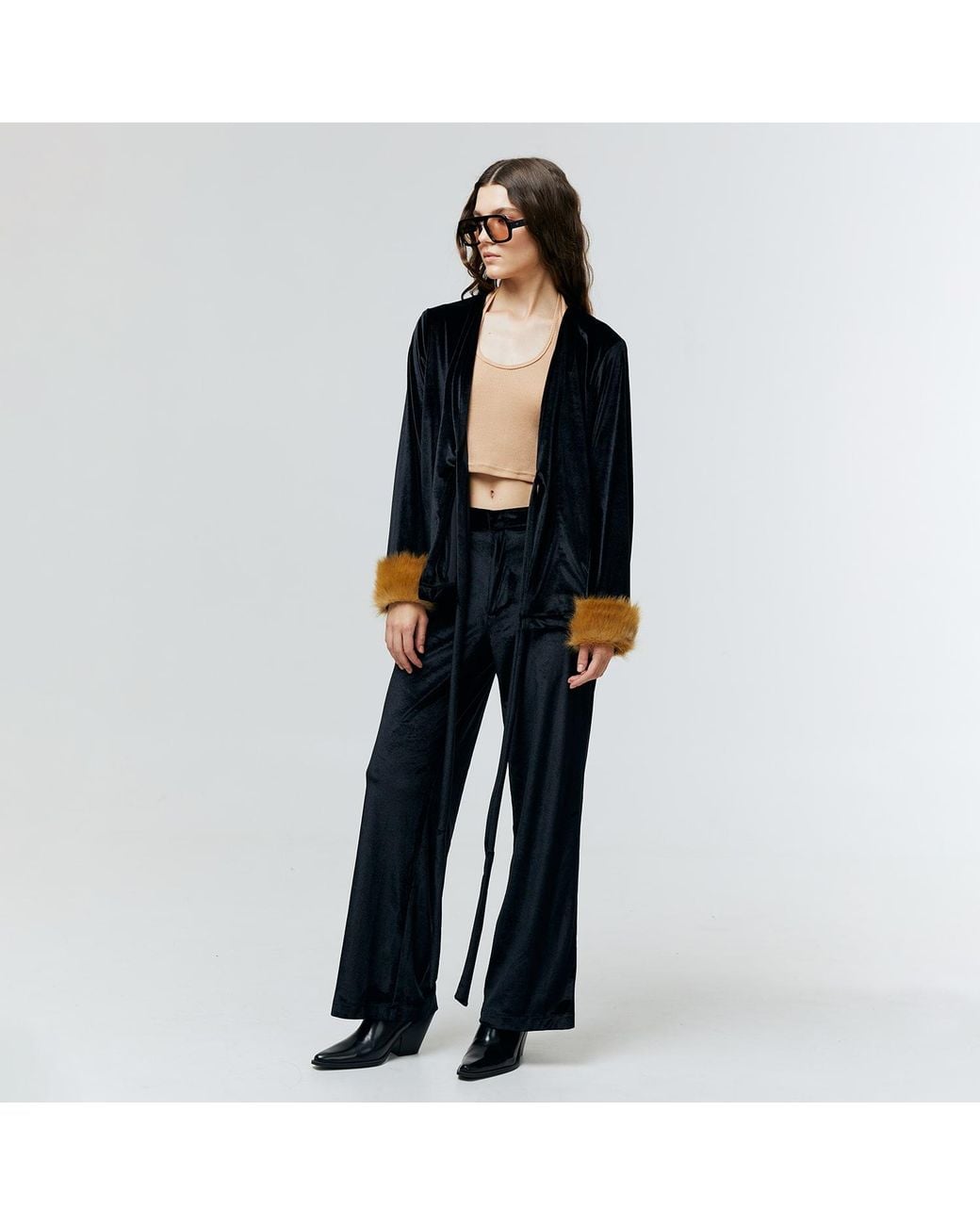 Ats the Label Black Aurielle Velvet Fur Cuff Top