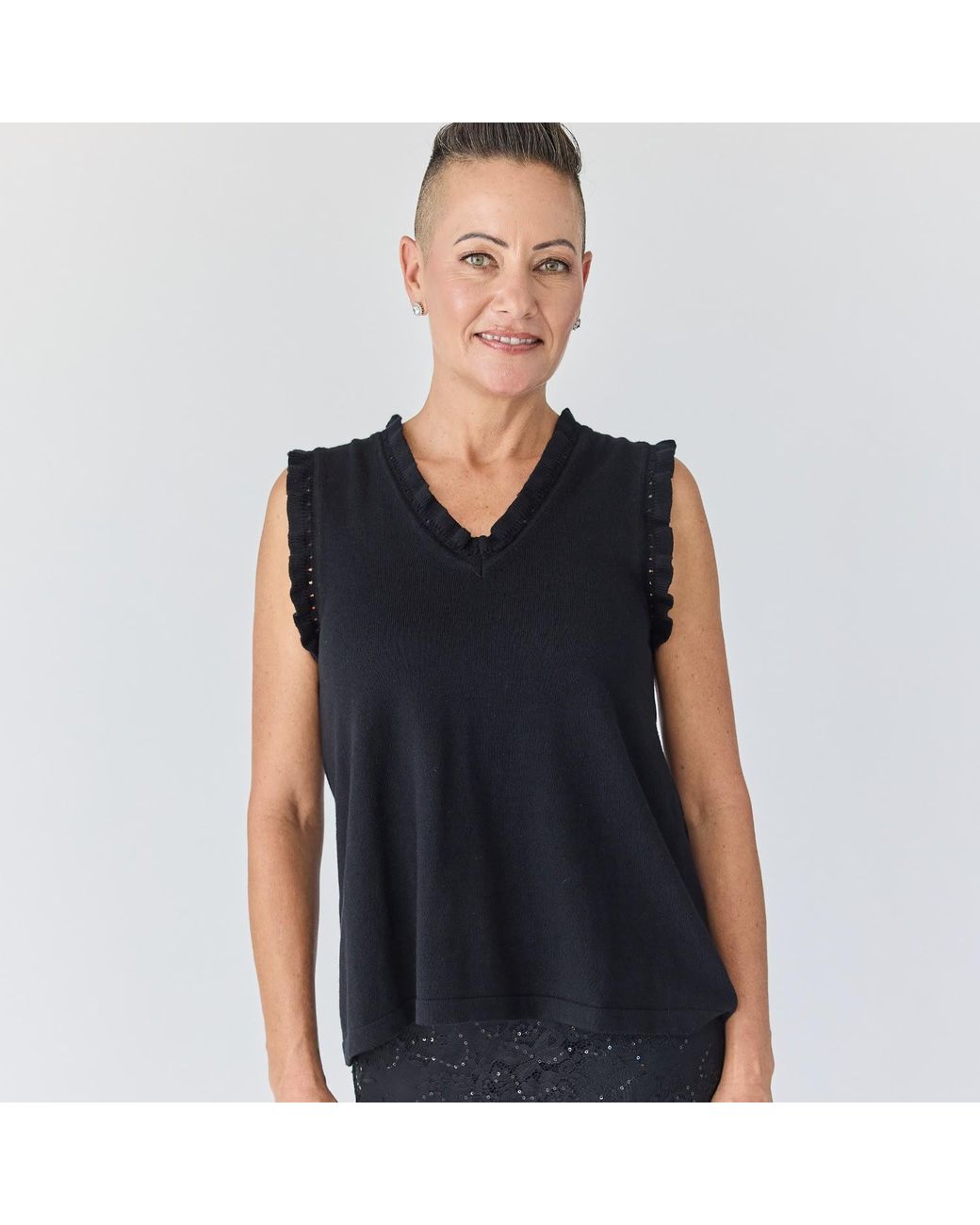 Lindsay Nicholas New York Blue Frill V-Neck Shell