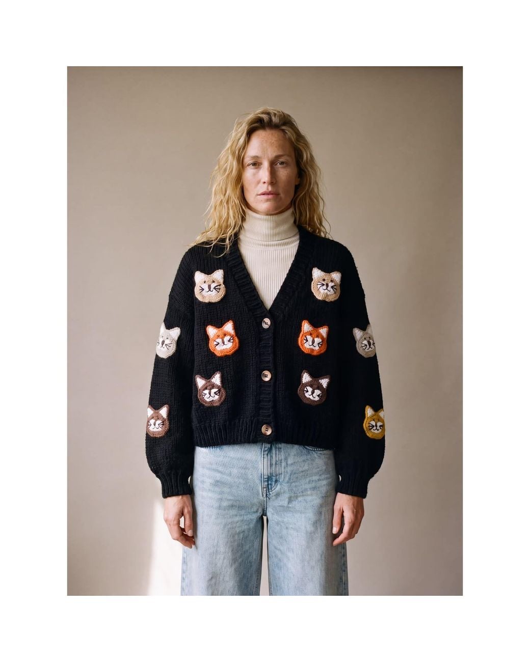 Ana Chic Black Cat Motif Handmade Knitted Cardigan