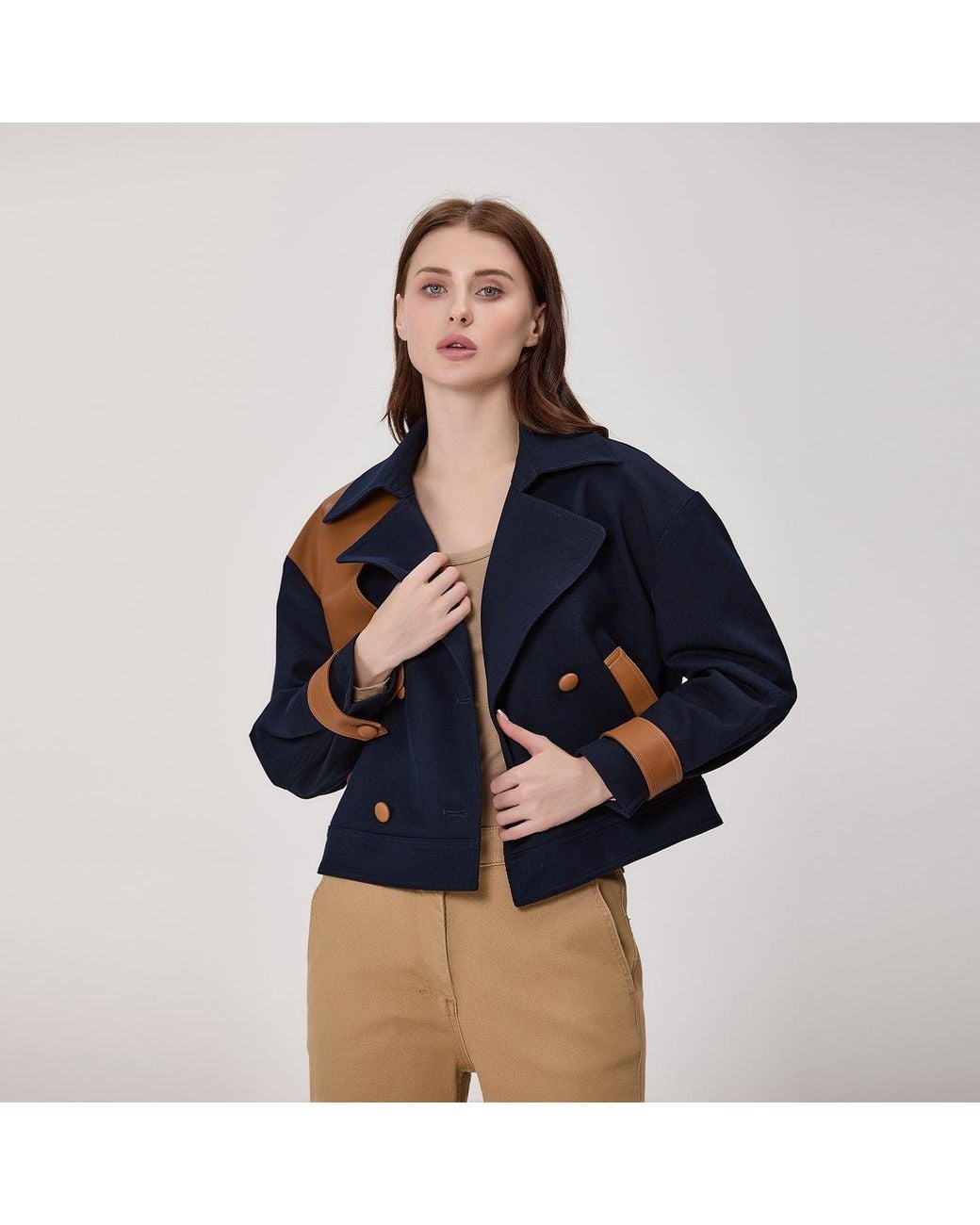 Smart and Joy Blue Short Double-Breasted Trench Coat With Contrasting Panels