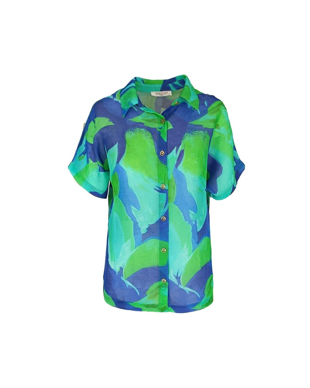 Haris Cotton Green Short Sleeved Printed Linen Blend Shirt Lagoon