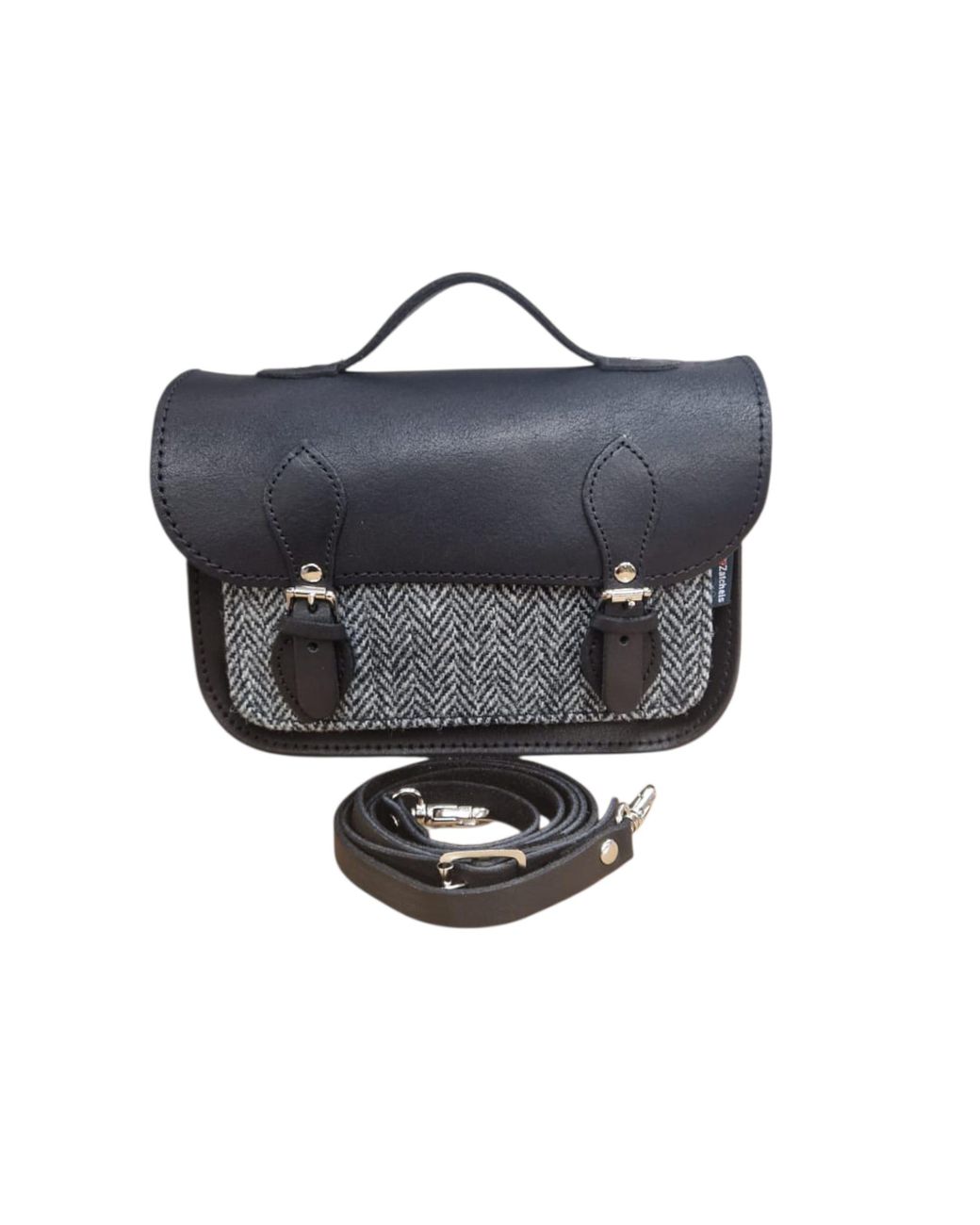 Zatchels Black Midi Tannery & Tweed Crossbody Leather Satchel