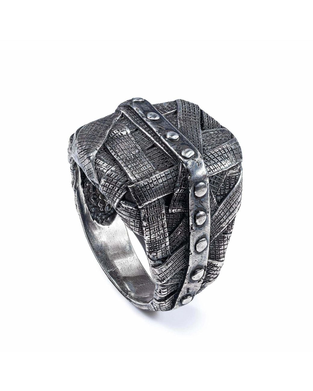 German Kabirski Metallic Gridlock Oxidized Ring With Layered Wrapped Metal Look for men