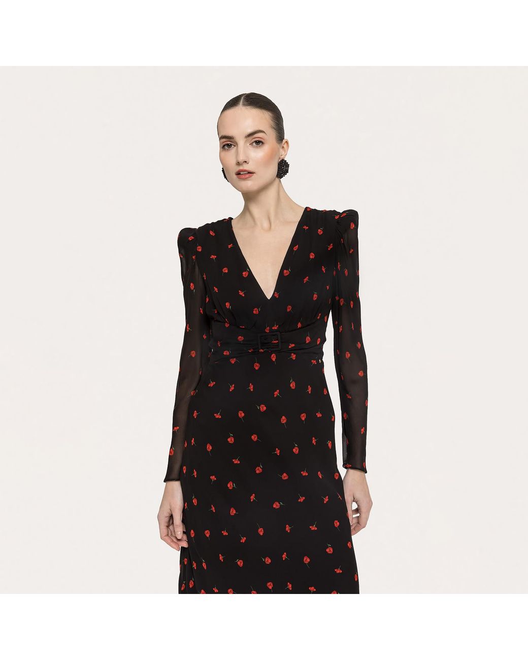 Nissa Black Rose-Print Viscose Midi Dress