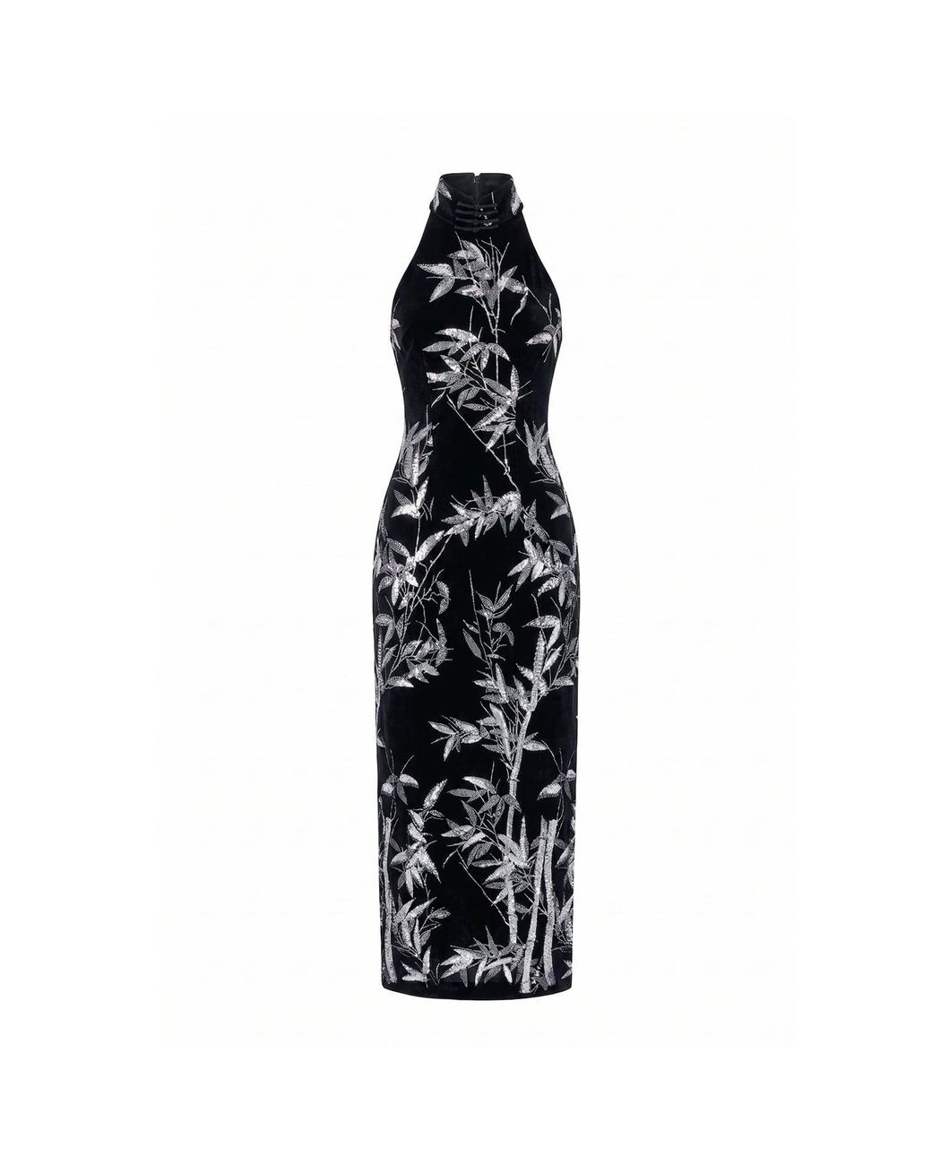 Belsize25 Black Bamboo Leaf Beaded Embroidered Halterneck Gown