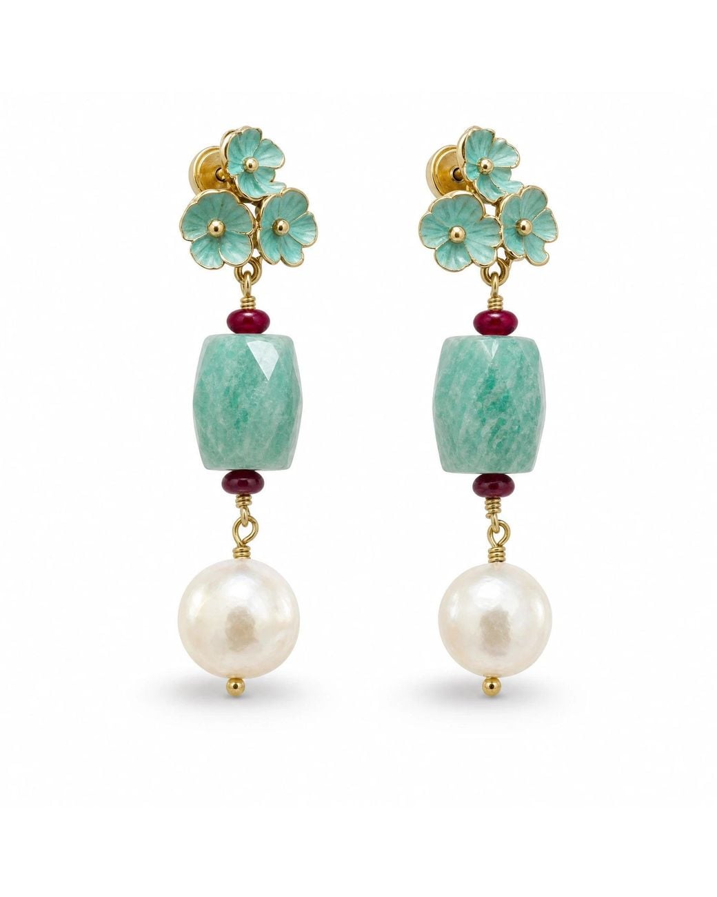 Angel Barocco Green Amazonite Flower Pearl Drop Earrings